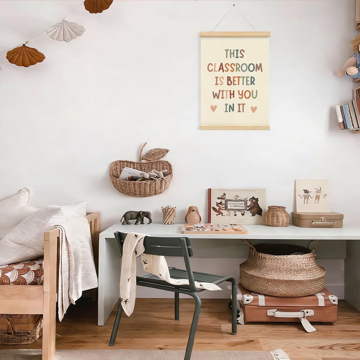 STHTTSW Boho Classroom Decor for Teacher Poster Hanger with Wooden Frame, Teacher Classroom Decor, Nursery Classroom Welcome Sign Positive Affirmations Wall Art, Back to School Decor 12x16 Inch