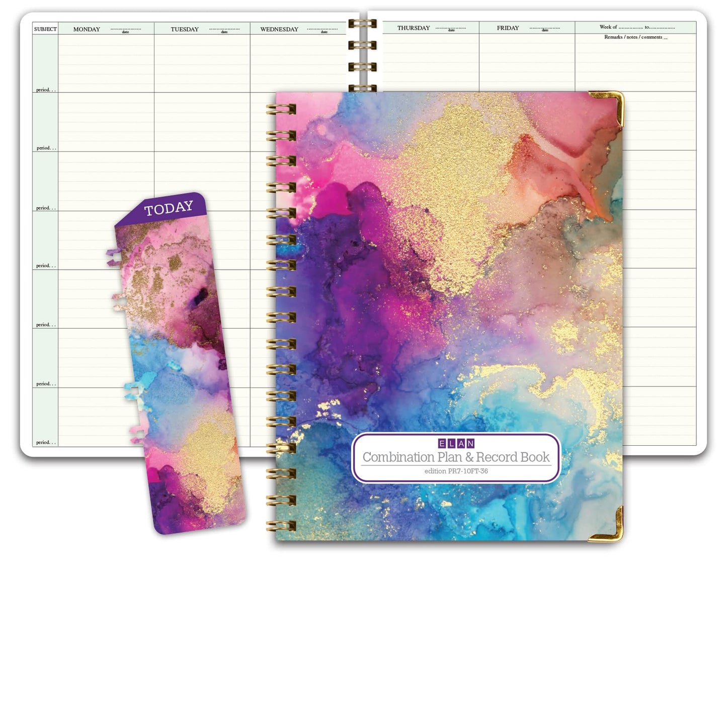 Elan Publishing Company HARDCOVER Combination Plan and Record Book: One efficient 8.5" x 11" Book for Lesson Plans and Grades Combines W101 and R1010 with Bonus Clip-in Bookmark (Rainbow Gold Marble)