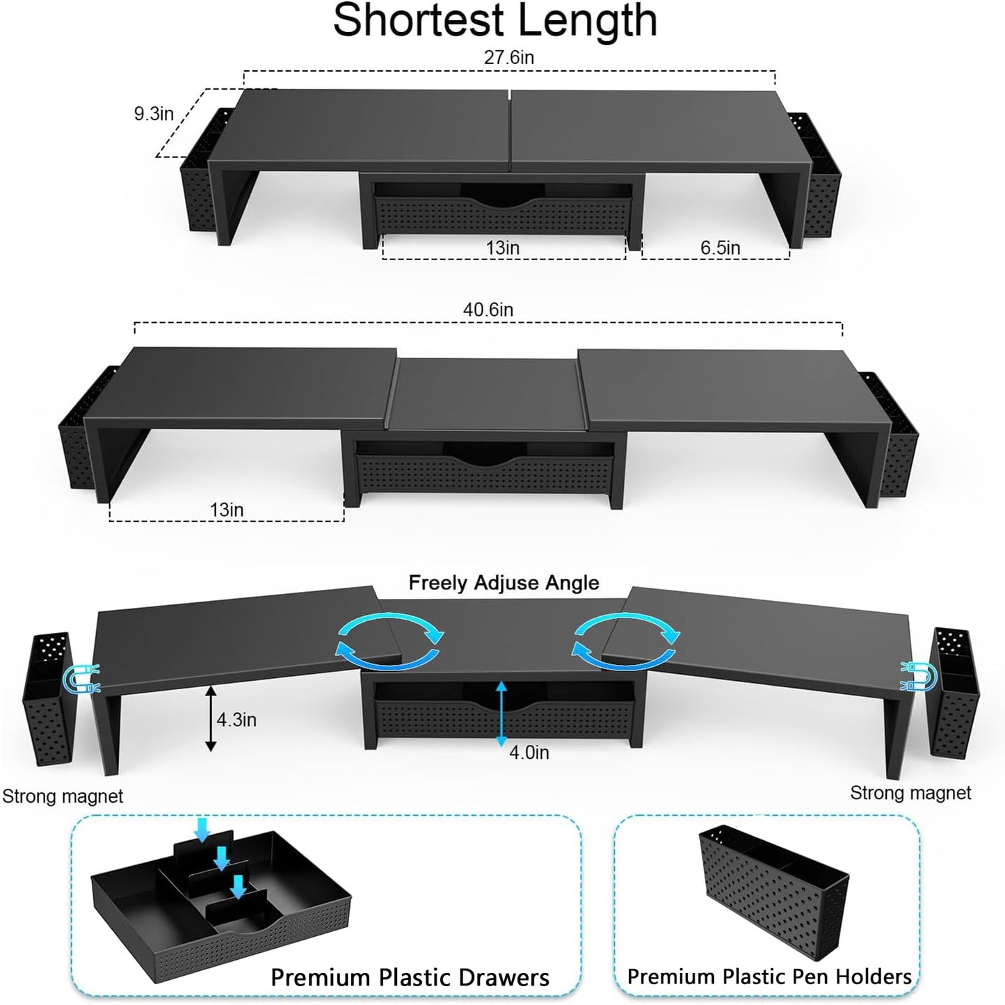 gianotter Dual Monitor Stand Riser, Desk Organizer With Drawer and 2 Pen Holders, Computer Monitor Stand, Desk Shelf for Top of Desk (Black)