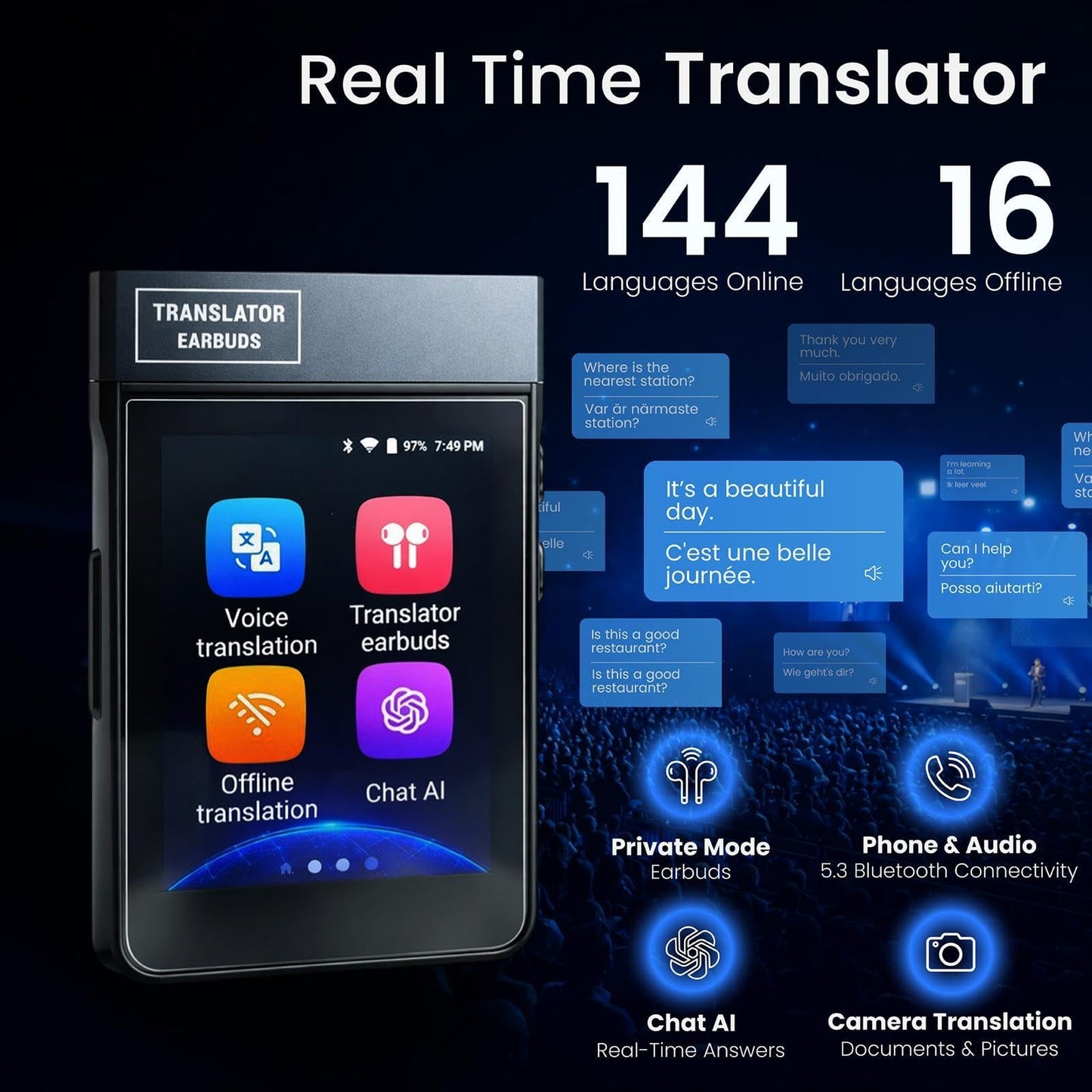 Guardian Translator V2 — AI Translator Device with Earbuds | Real-Time Two-Way Voice & Camera Translation | 144 Languages | Built-in ChatGPT | No Subscription | Travel, Business, Education