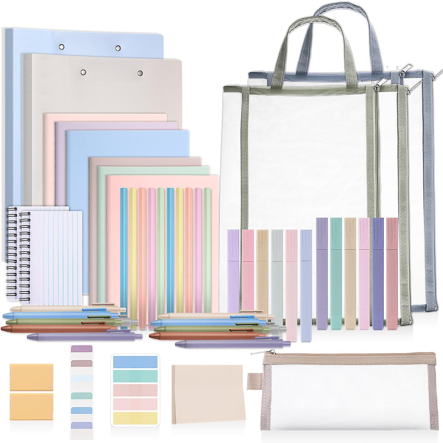 Colarr 54 Pcs Cute Notebook Stationery Set for Women, Bible Study Supplies, 6 Lined Notebooks, 36 Pens, Sticky Notes & Tabs, Bags & Folders for Work Journal Study College Office Supply(Morandi)