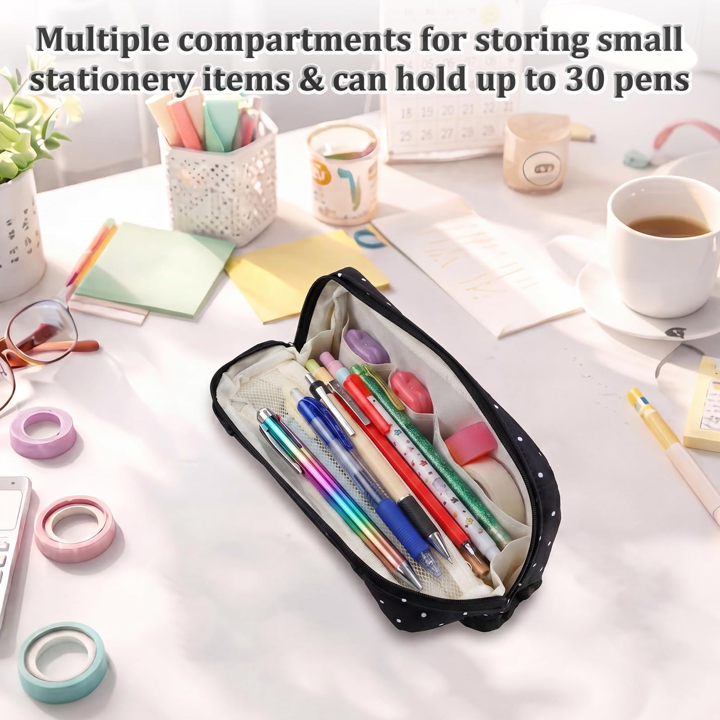 Gueevin Large Capacity Pencil Case Polka Dot Pen Pouch with Multiple Compartments Foldable Portable Pencil Case Black White Stationery Organizer Bag for Adults (Black)