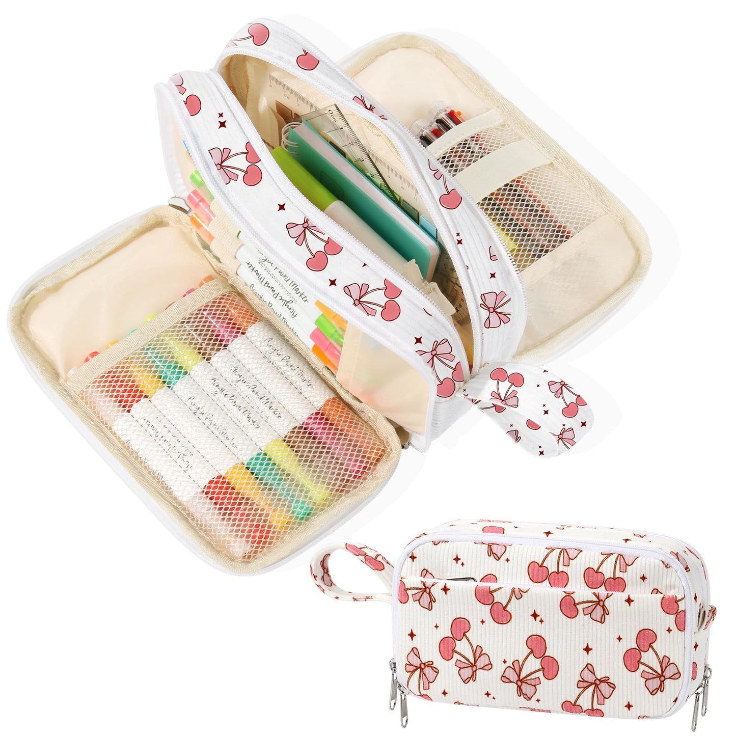 BuyCard Large Capacity Pencil Case, White With Pink Cherry Pattern, Corduroy Pencil Bag with Zipper Closure, Graduation Gift Office Stationery Storage Pen Pouch for Classroom Teacher