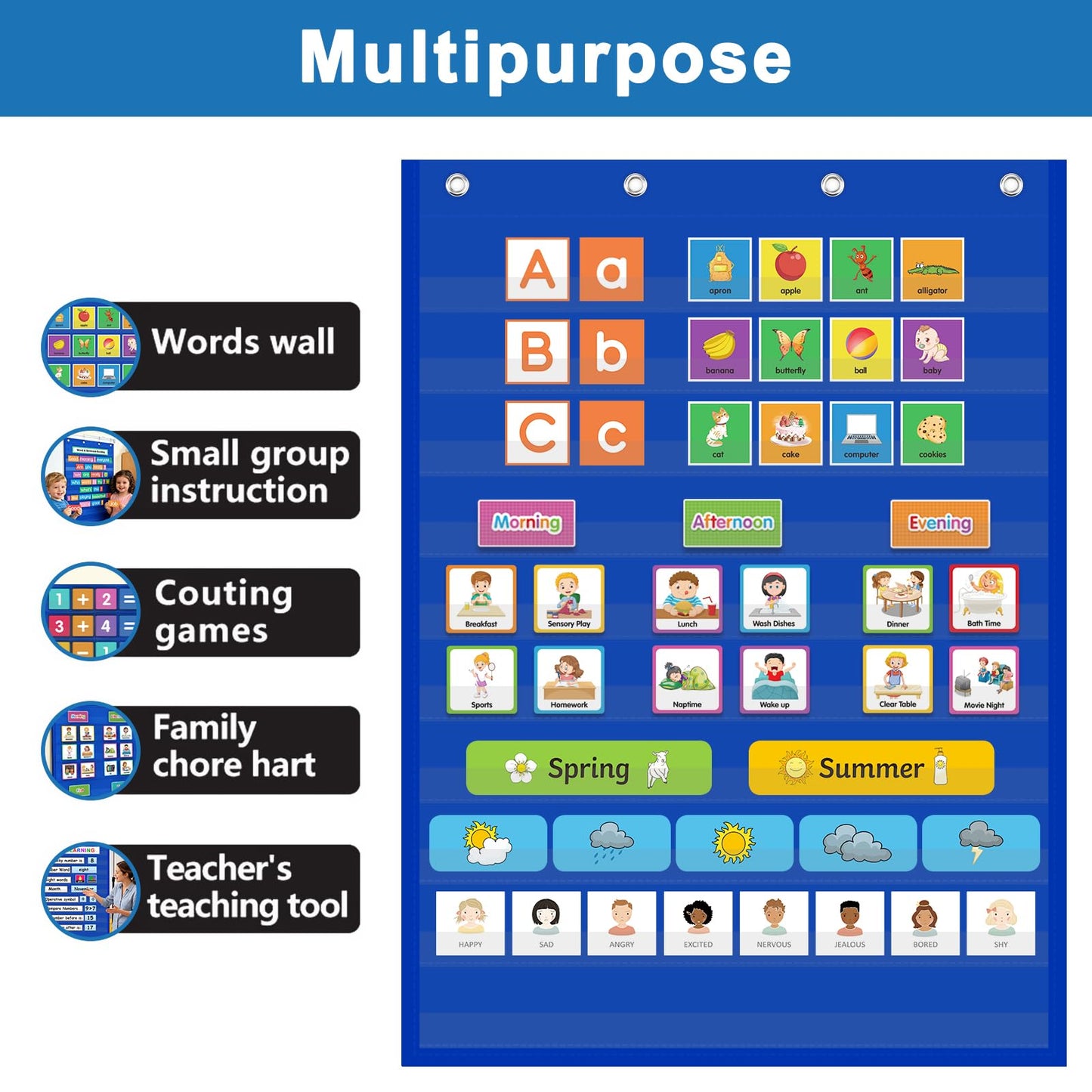 Standard Pocket Chart Clear 10 Pockets Chart for Classroom & Home Heavy Duty Hanging Pocket Chart for Word Wall/Letter Cards/Sentence Strips 28Wx43L,Blue