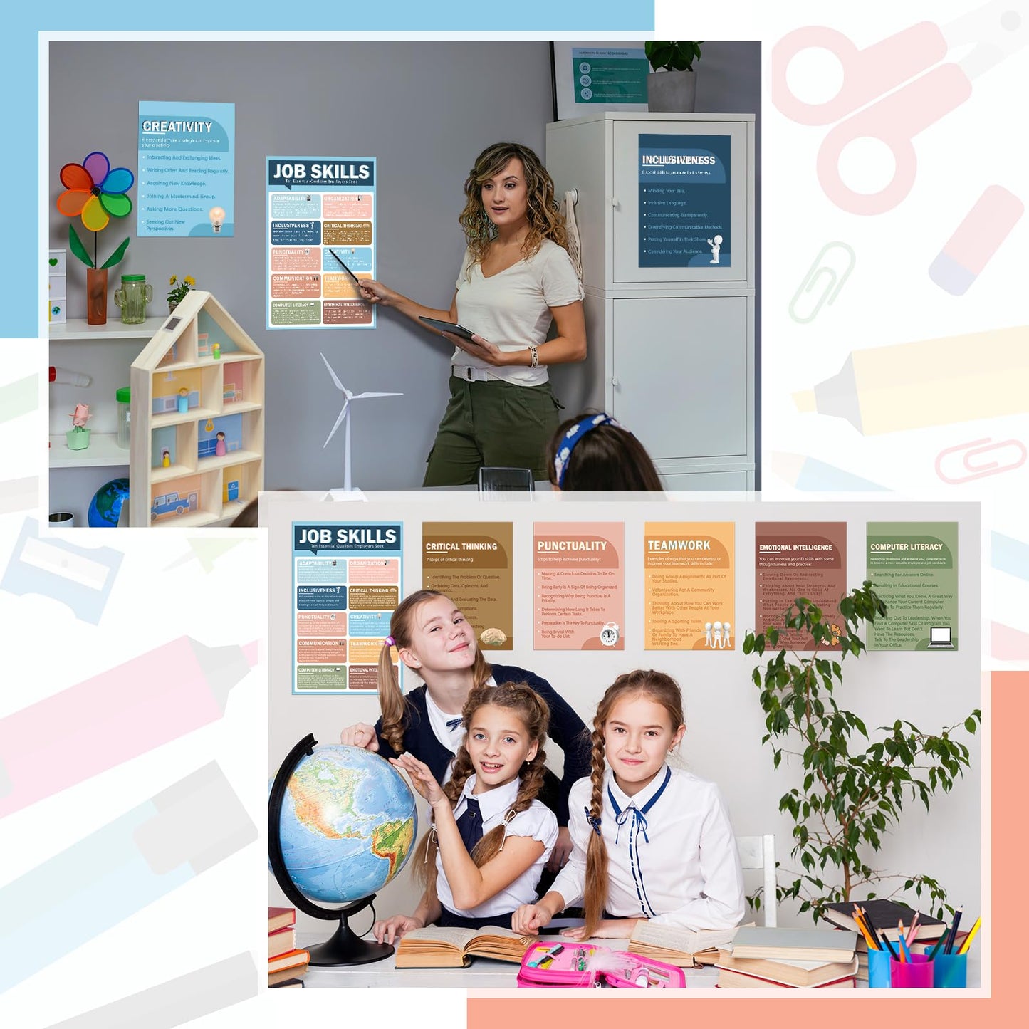 Fullhawl 11 Pcs Job Skills Posters Educational Bulletin Board Set for College High School Classroom Decorations Essential Qualities Employers Seek Posters for Library Reading Corner Wall Supplies