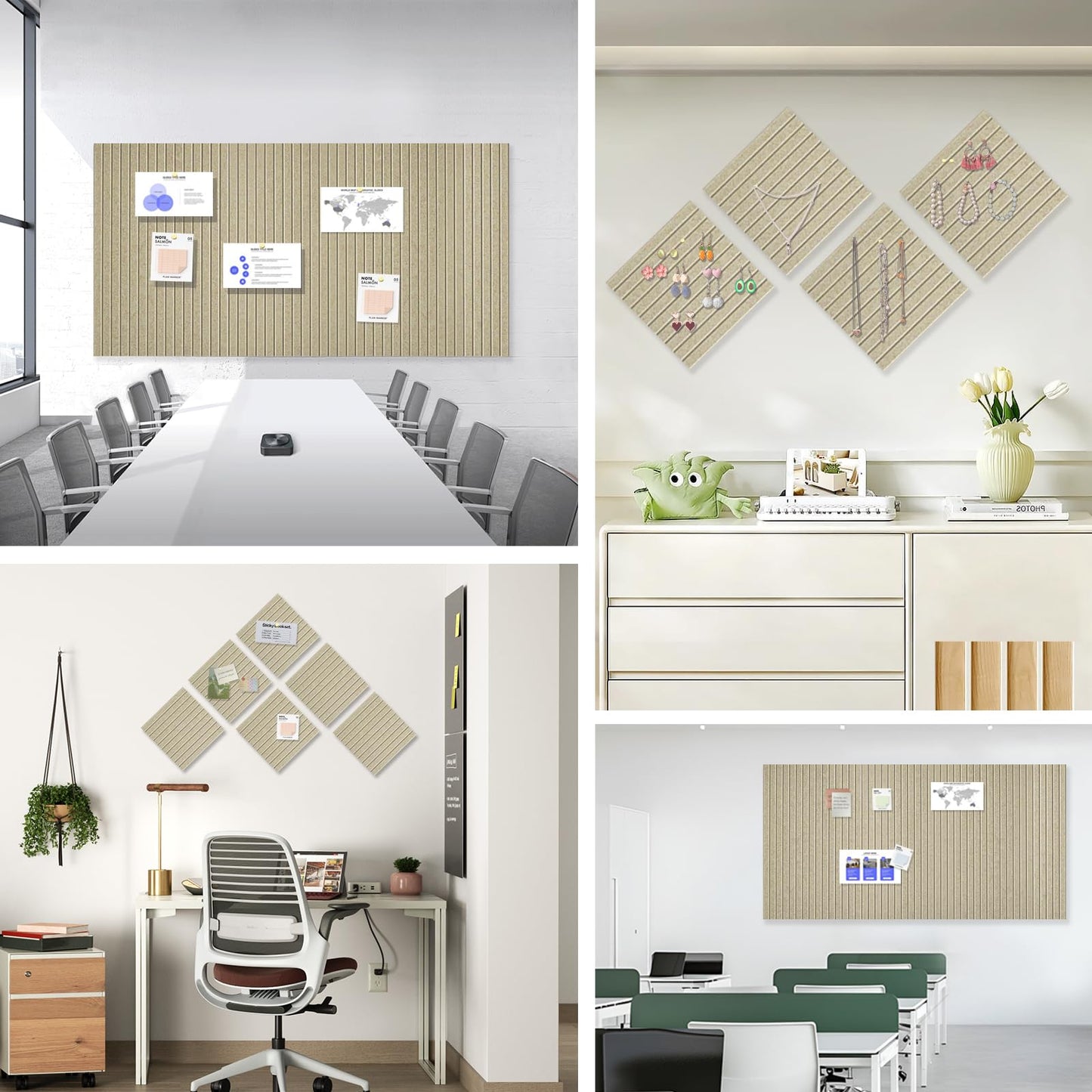 Large Cork Board for Office, 8 Pack Felt Wall Tiles with Slat Wall Paneling and Safe Removable Adhesive Tabs, Felt Bulletin Board Pin Board Cork Boards for Walls - Tan
