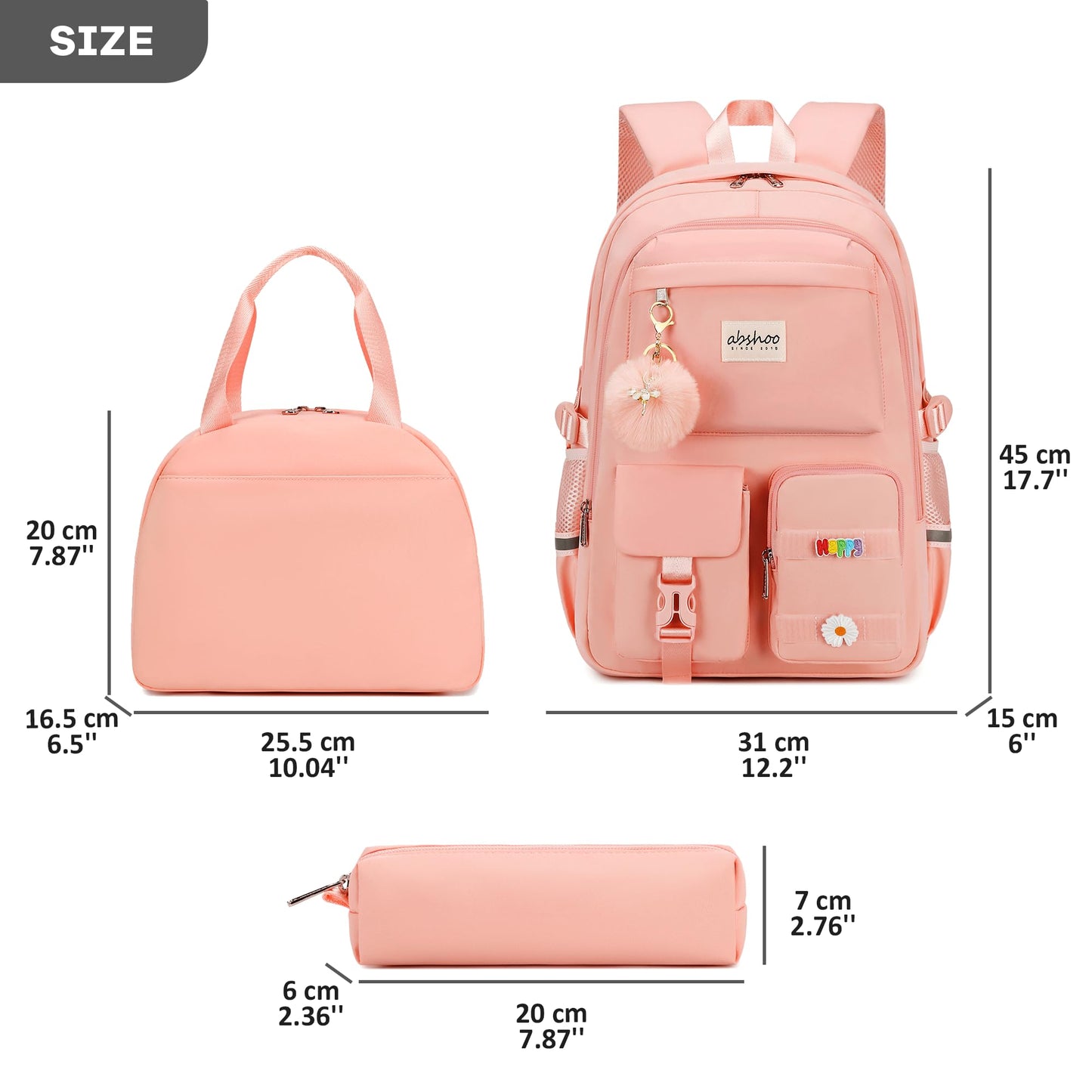 abshoo School Backpack for Girls Bookbag with Lunch Bag Teen Girls School Bag Travel Daypack (Peach Pink)