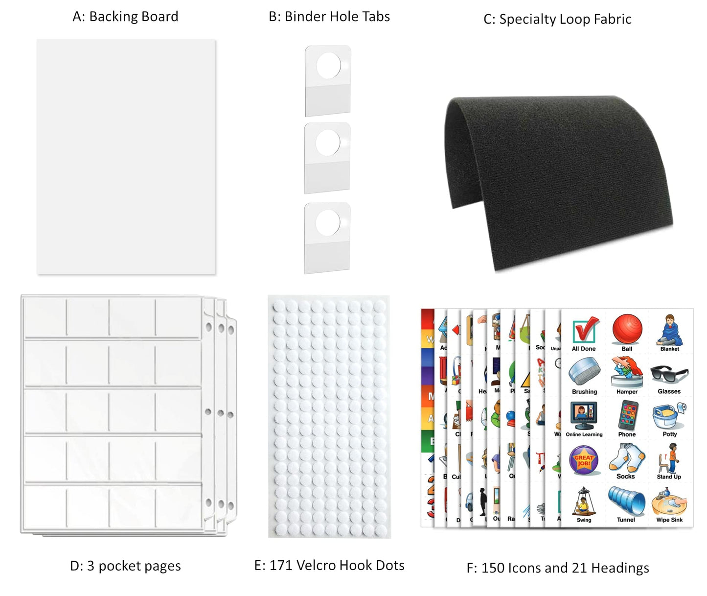 SchKIDules V-KIt - Portable, Binder-Ready Visual Schedule for Kids w/8.5x11" Backboard & 150 laminated Icons plus 21 Headings