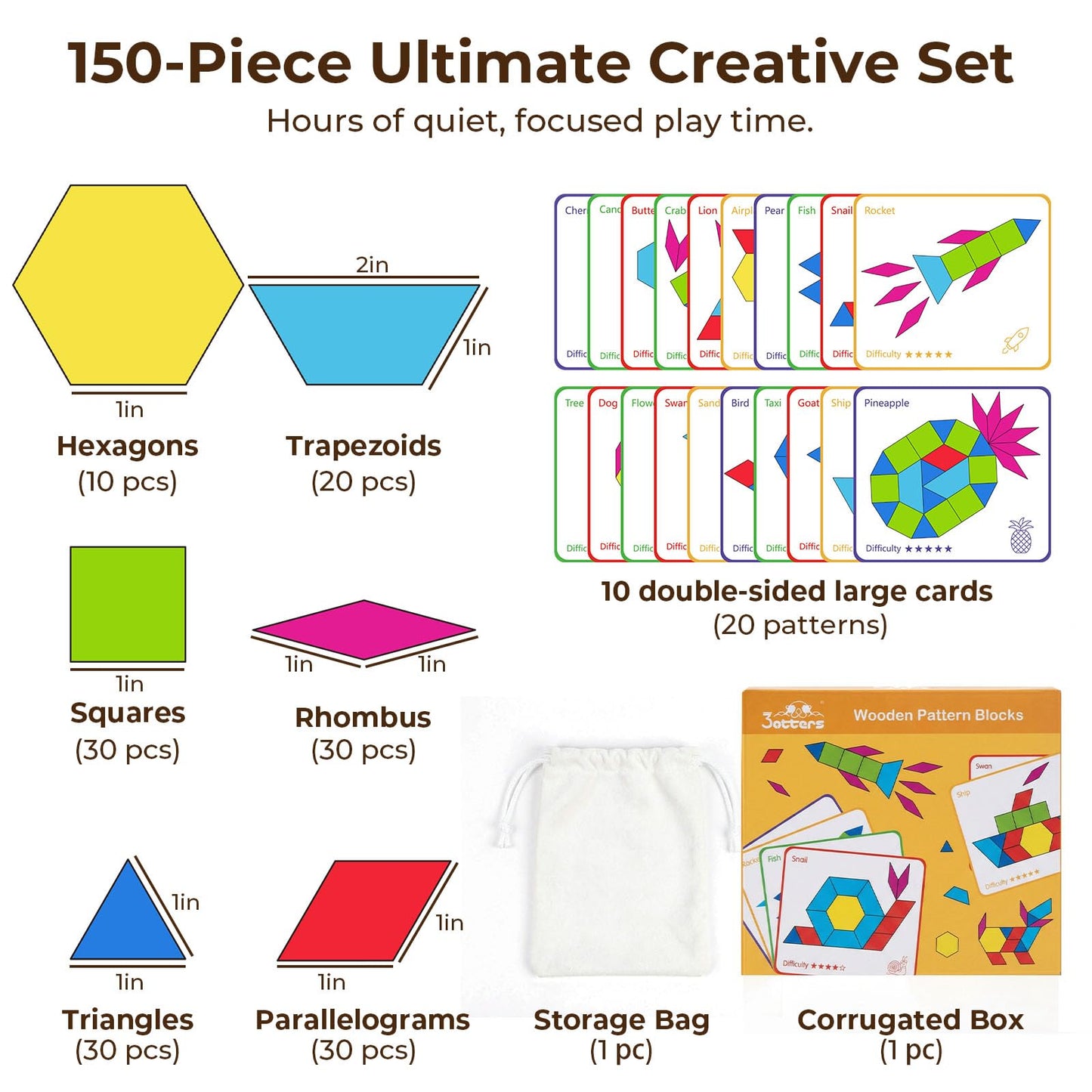 3 otters Wooden Pattern Blocks Shapes for Kids, Geometric Tangram Puzzle with Activity Cards, 150 PCS Educational Toy