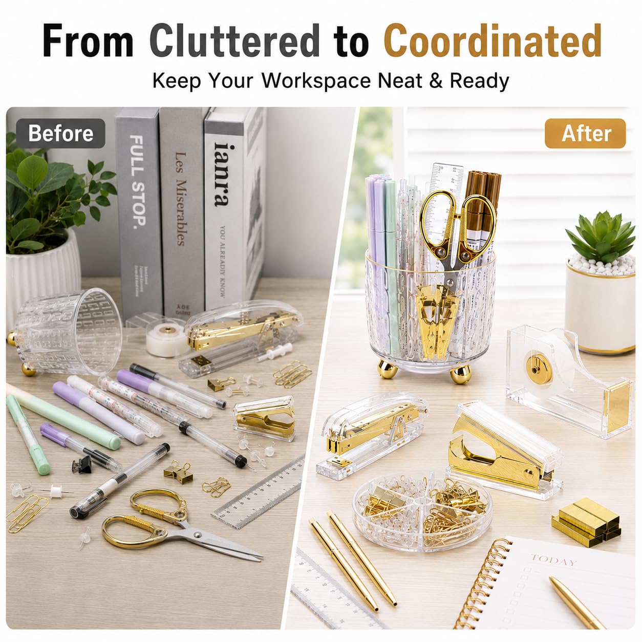 Office Desk Accessories Supplies - 11 Pcs Gold Desk Decor Set with 360-Degree Rotating Pen Holder, Women Cute Aesthetic Office Essentials Kit, Stapler Tape Dispenser, Acrylic Gift for School Home Work