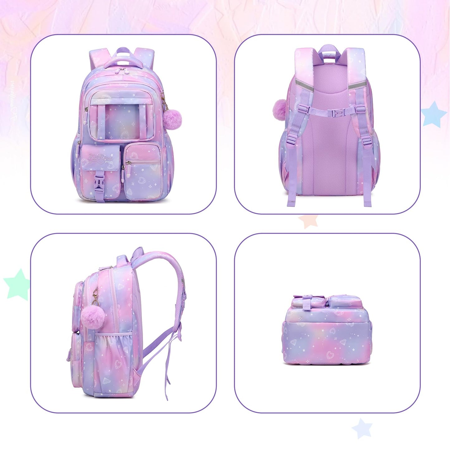 PIG PIG GIRL Kids Backpack for Girls - School Bags for Middle School Students - Book Bag for Elementary Primary - Kawaii Ita Backpack - Purple