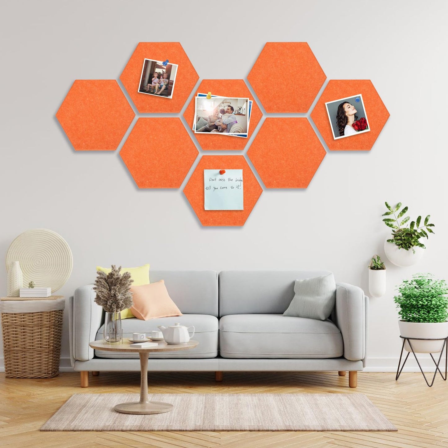 8 Packs Hexagon Felt Pin Board, 12" Bulletin Board with 30 Push Pins, Felt Board for Home Kitchen Office Decor, Self-Adhesive Corkboard Tiles for Walls School Message Photos Memos-Orange