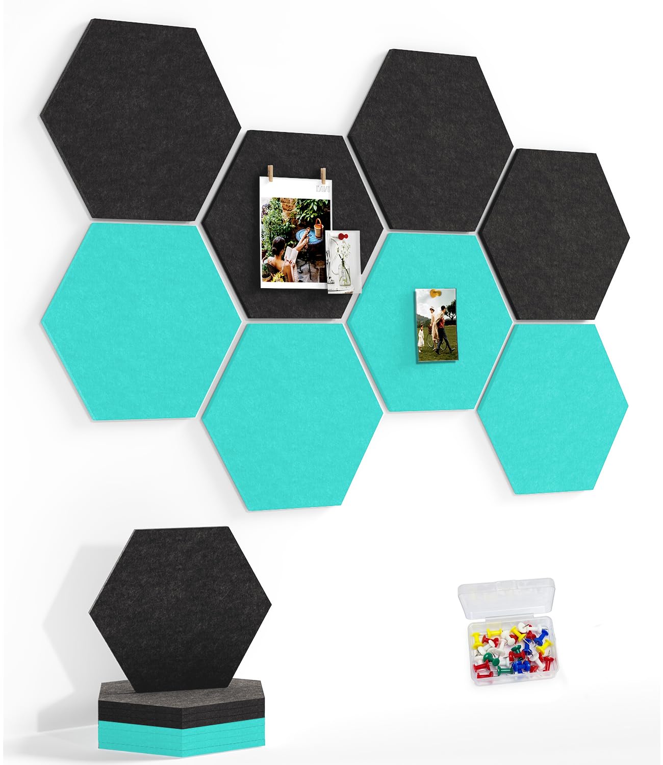 Uoisaiko 8 Pack Hexagon Felt Bulletin Board Tiles - 12" Large Thick Pin Board for Walls with 30 Push Pins, DIY Boards for Office Home School Decor, Aesthetic Hex Cork Board Alternative