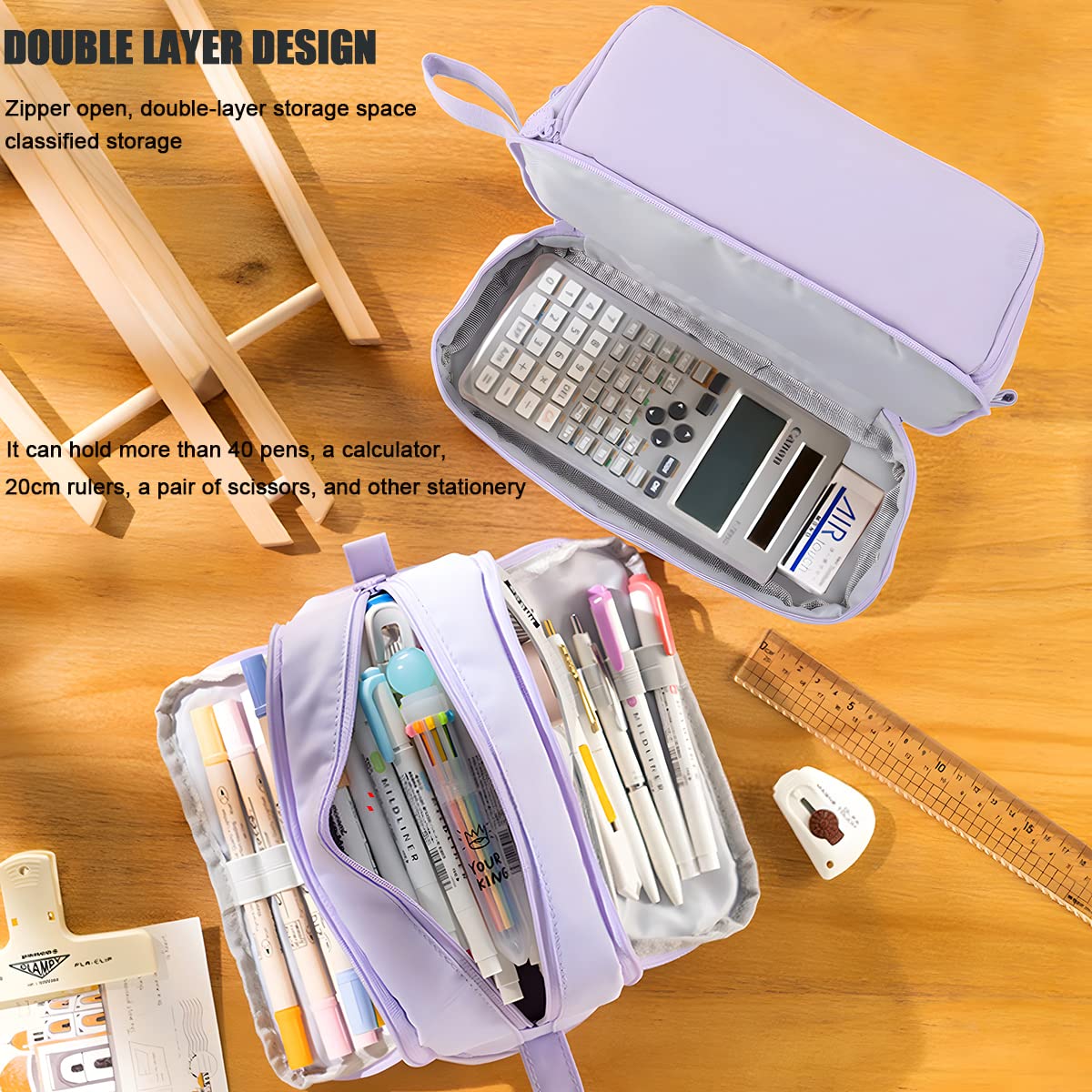 MAMUNU Large Capacity Pencil Case 4 Compartments, Pencil Pouch Bag with Zipper Portable Handle, Pen Case Bag Stationery Organizer for Office College School Adults Teen Girls Boys Men Women, Purple