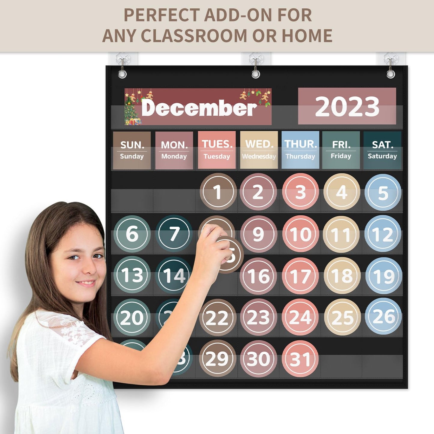 Monthly Calendar Pocket Chart for Classroom, Printed Days of The Week with Cards, Learning for Home or Kindergarten, Teacher Must Have Supplies That Fits Any School Décor (Black)