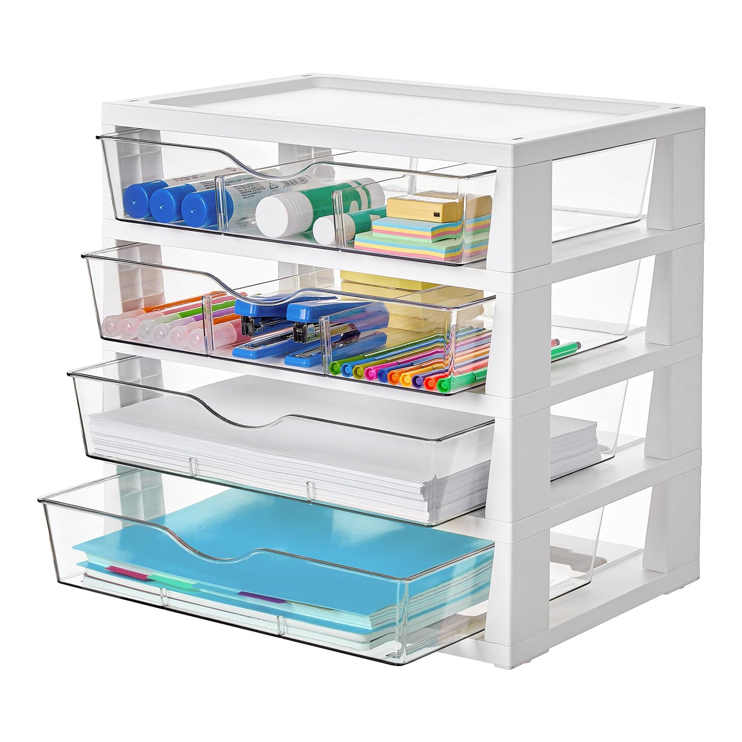 Vtopmart Clear Desk Organizer, 4-Tier Assemble Desktop File Organizer with Drawers, Office Desk Organization for Office Supplies