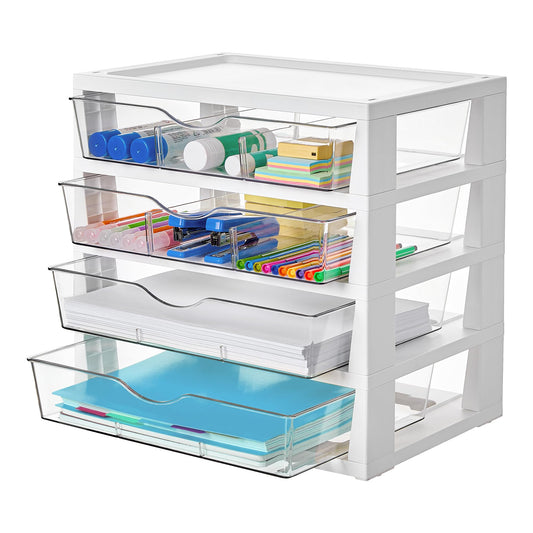 Vtopmart Clear Desk Organizer, 4-Tier Assemble Desktop File Organizer with Drawers, Office Desk Organization for Office Supplies