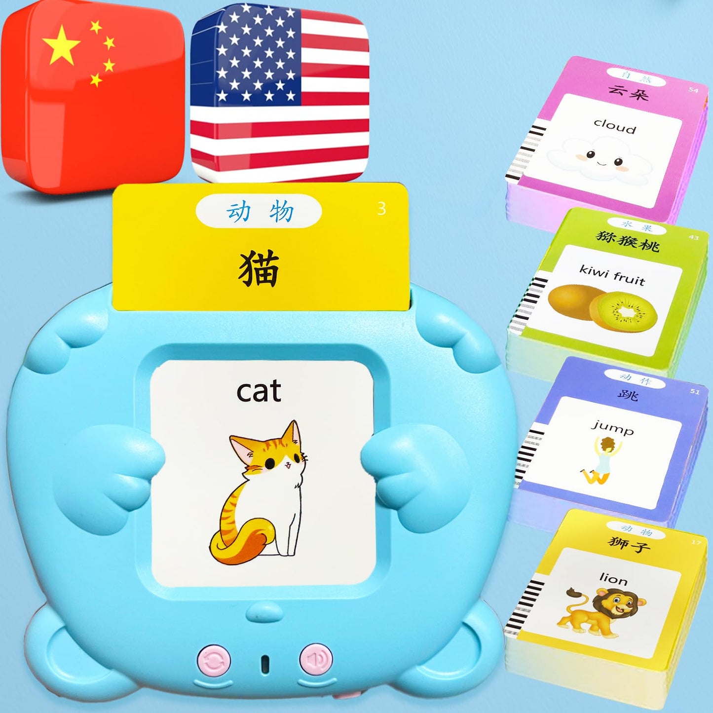 MoLingvora Bilingual Talking Flash Cards for Kids - Mandarin English Flashcards Children Adults, 510 Sight Words, ABC Alphabet, Pocket Speech for Toddlers, Audible Sensory Toys (Chinese, Blue)