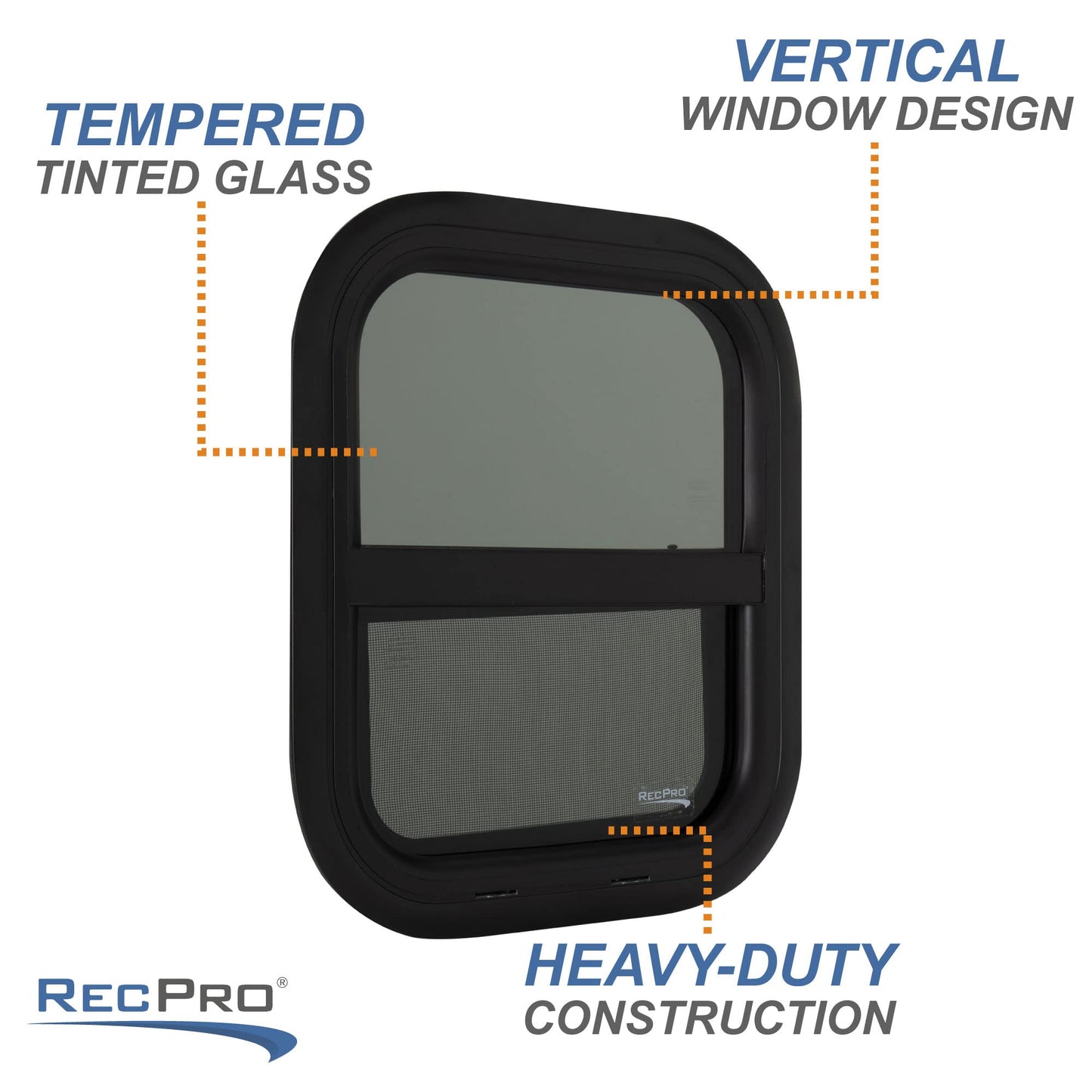 RecPro RV Window Replacement, Teardrop Style, Vertical Sliding, 14inW x 16inH, Black, Model RP-WIN, Made in USA