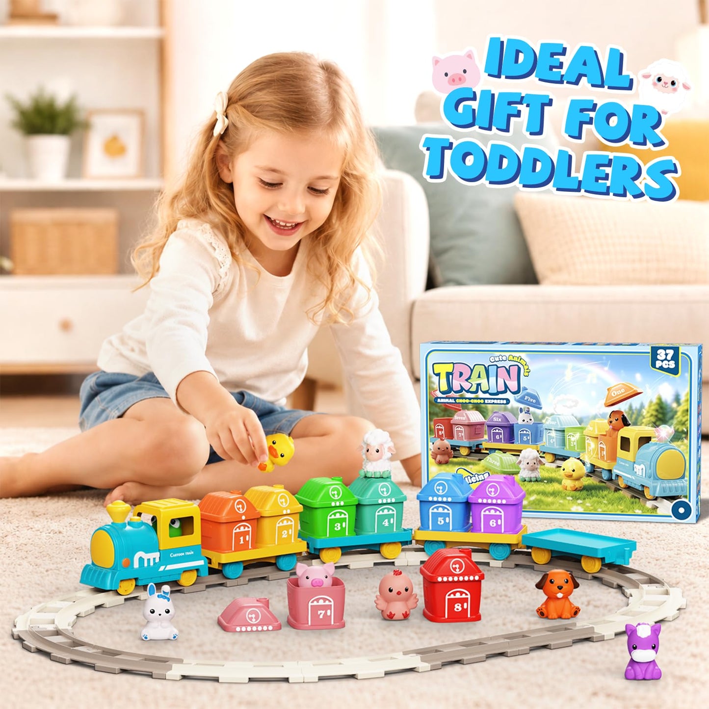 Train Set Toy for Toddlers 1-3, Montessori Learning Matching & Sorting Toys for 1 2 3 Year Old, Electric Train with Farm Animals Finger Puppets, Christmas Birthday Gift for Boys Girls (Blue)
