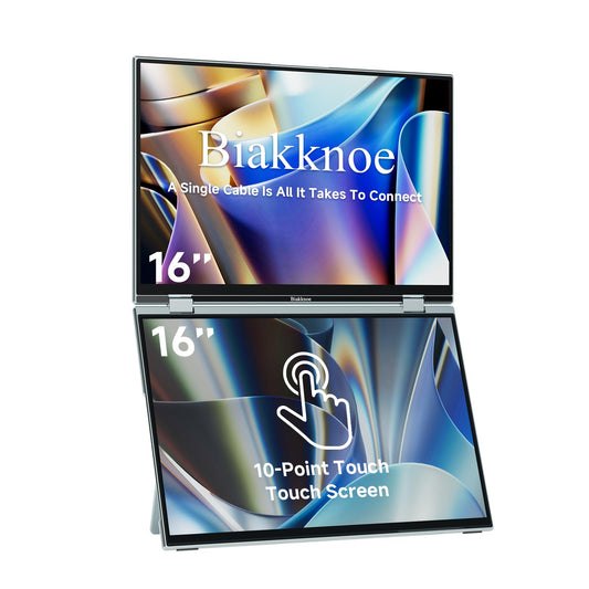 Biakknoe U16 Pro 16" Dual Portable Monitor Touchscreen, 1200P FHD Laptop Screen Extender with USB-A&C/HDMI, Foldable Travel Monitor for Laptop/Mac/PC/Windows, Single-Cable Dual Display, VESA Mountable