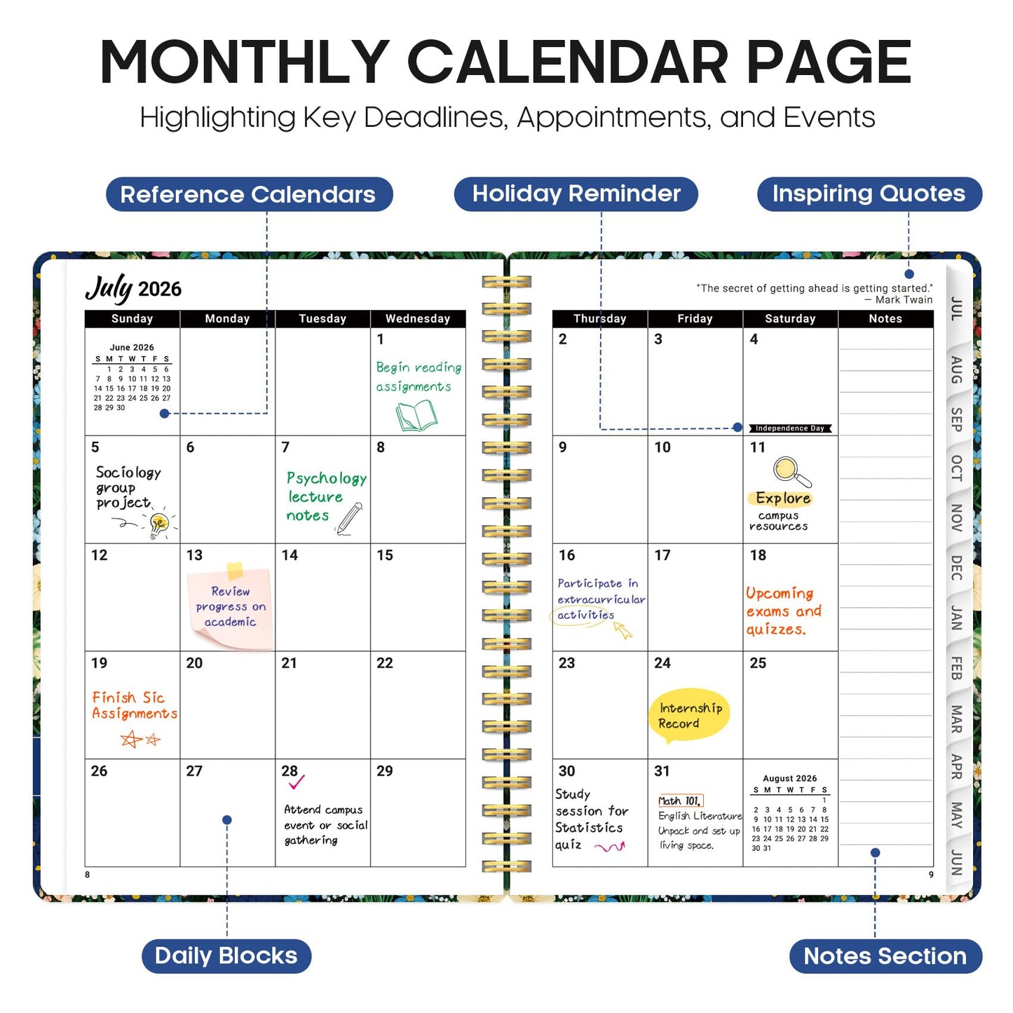 Planner 2026–2027, Weekly & Monthly Academic Organizer for School Year, Jul 2026–Jun 2027, Hardcover Planner with Tabs, Back to School Essential, 6.3" x 8.5", Wildflower Meadow