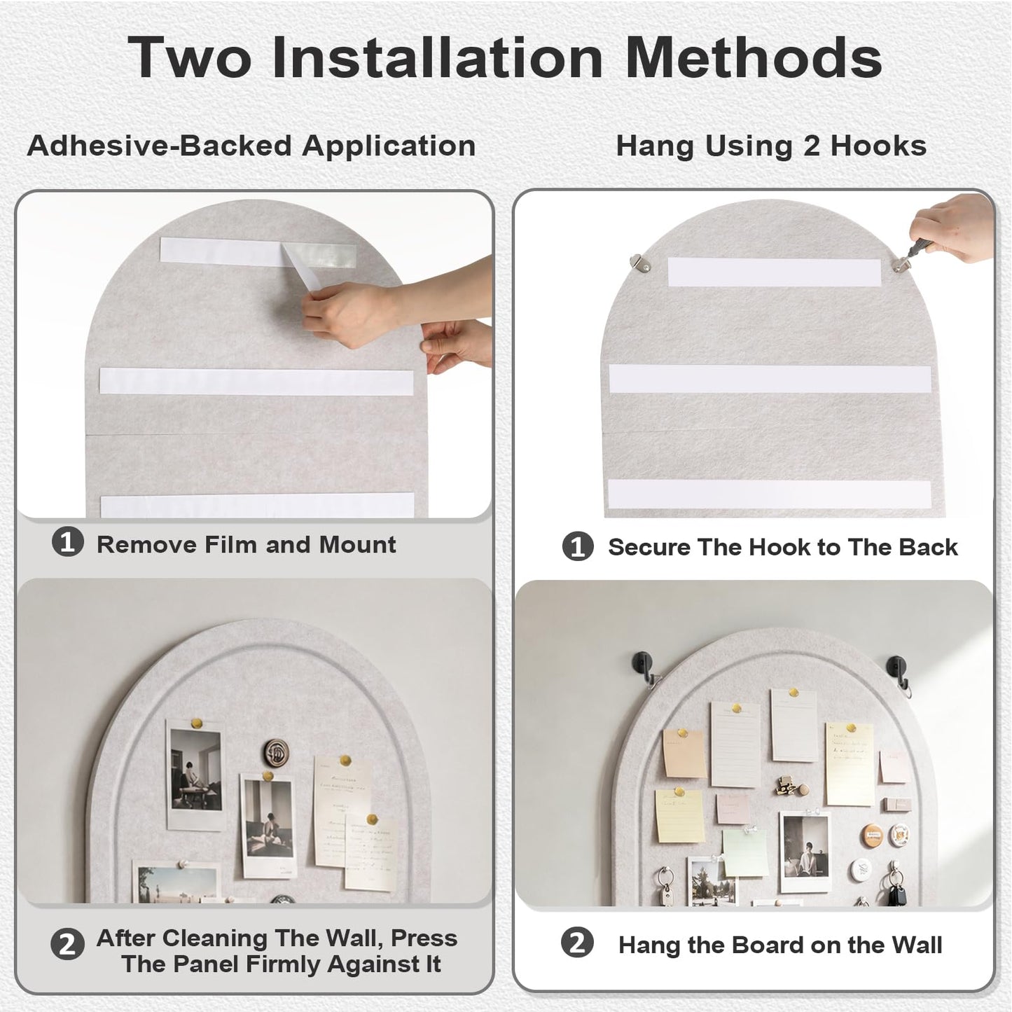 Arched Felt Bulletin Board, Sized 24" x 18" Cork Board Alternative Grooved Edge Foldable for Office & Wall, Customizable Adhesive Tile with Pin Hook for Photo Display School Home Office, Oatmeal