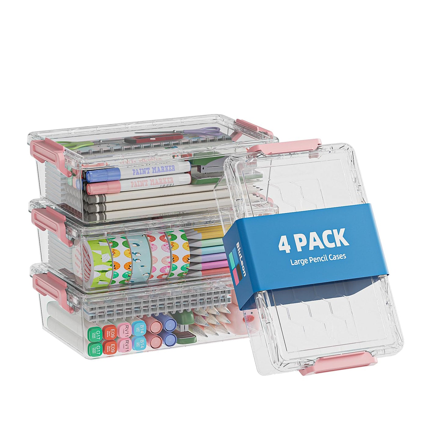 BiuLeon 4 Pack Extra Large Pencil Box, Plastic Pencil Case Organizer, Clear Crayon Box Marker Organizer, Stackable Craft Organizers and Storage for Pen, Craft, Art Supply(Pink)