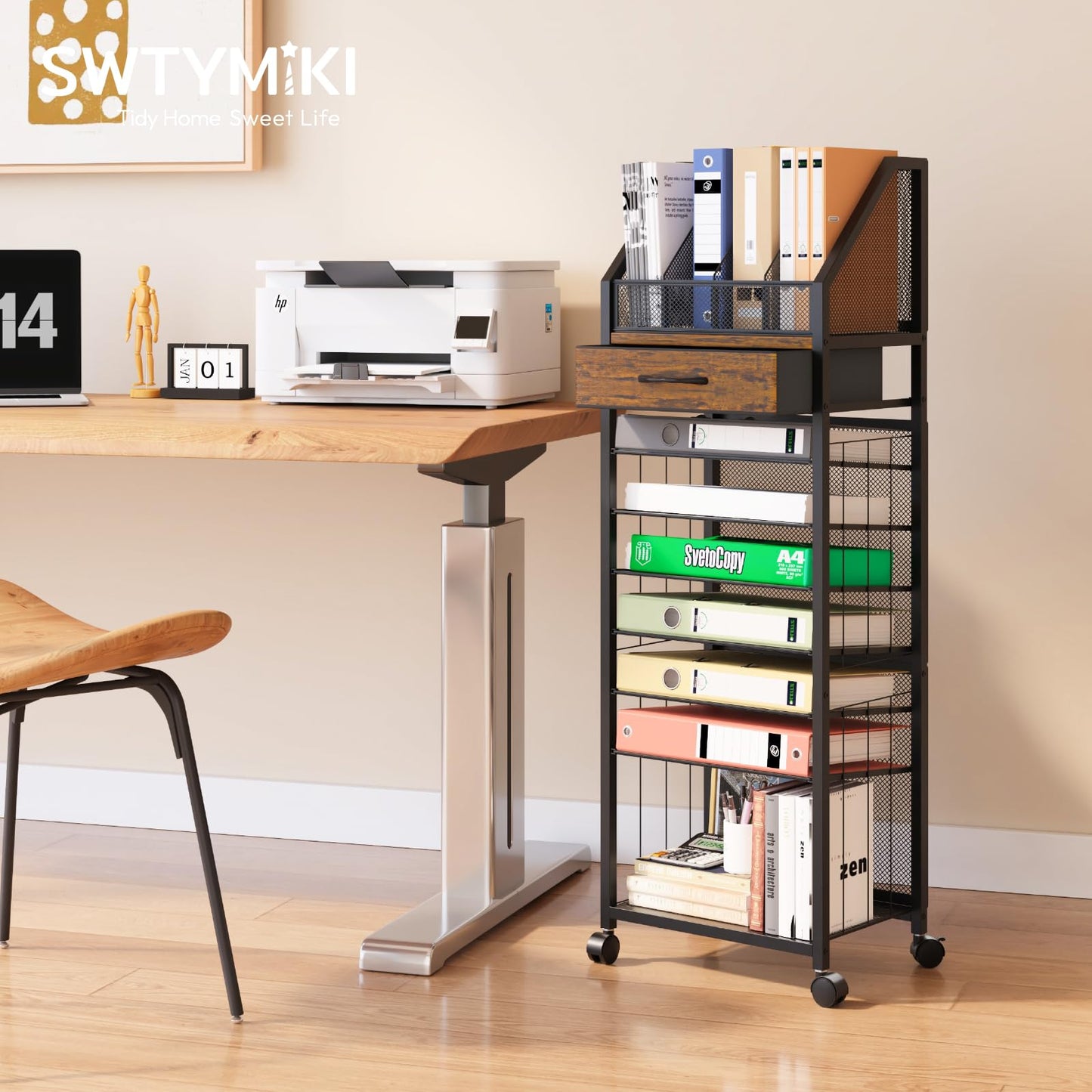 SWTYMIKI 9-Tier Rolling File Cart - Paper Organizer with Drawer and Trays, Wood Desk Office Organizer, Office Organization and Binder Storage for Workspace, Home, School, Espresso