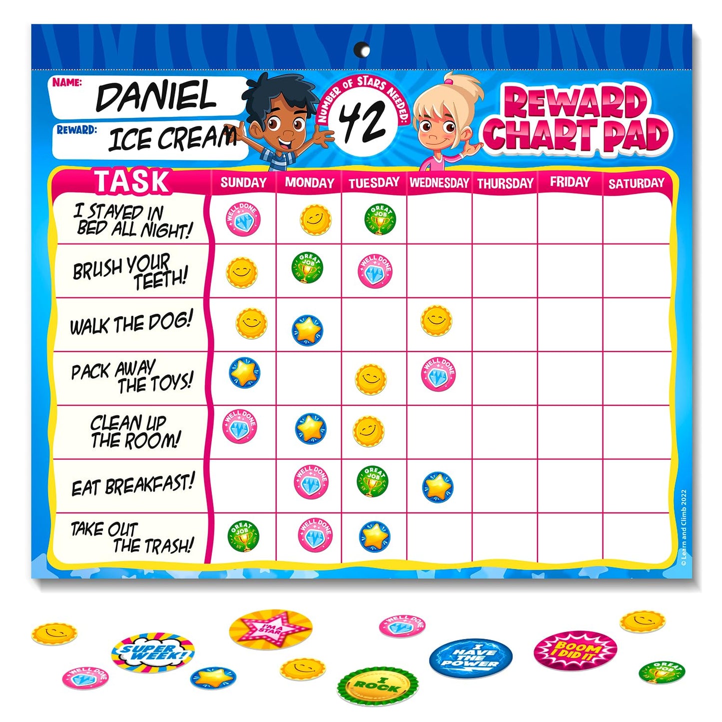 Behavior Reward System - Pad with 15 Chore Charts for Kids, 850 Stickers to Motivate Responsibility & Good Habits