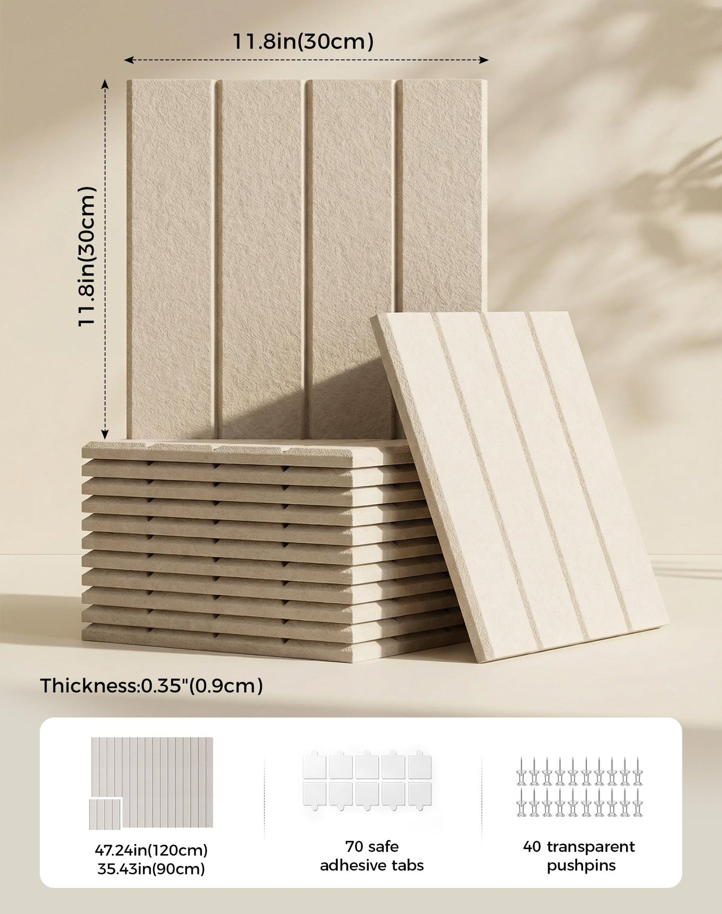 Aothia Felt Bulletin Board Tiles Large 48" x 36" Cork Board Alternative - 12-Pack with 70 Adhesive Tabs, Thick Slat Wall Panels for Office Decor, Push Pin Board Wall Organizer Alternative - Oatmeal