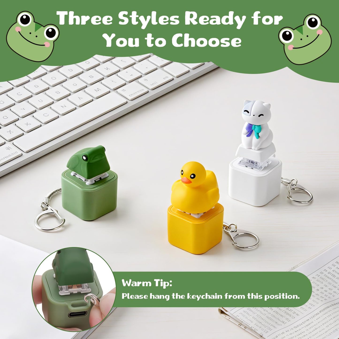 Netholid Quacking Duck Croaking Frog Meowing Cat Keyboard Fidget Toys for Adults Clicker Keychain with Sound LED Light and Charging Port for Autism Stress Relief Anxiety (Frog, 1)