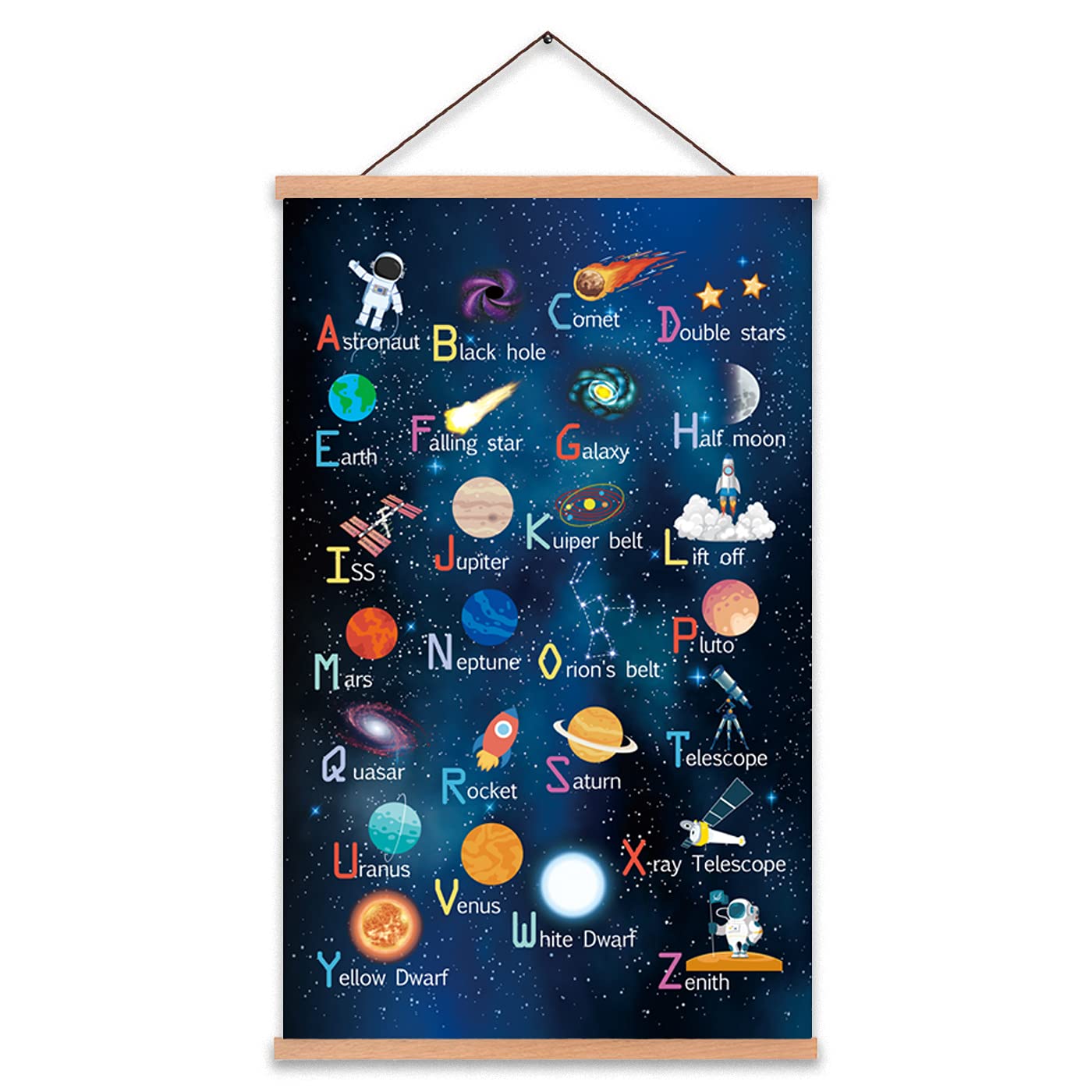 Outer Space Art Print With Wood Magnetic Poster Hanger Frame, Astronomy Alphabet Letters Canvas Wall Art ,Abstract Universe Educational Poster,35X56CM Hanging Painting For Home kids Classroom Decor