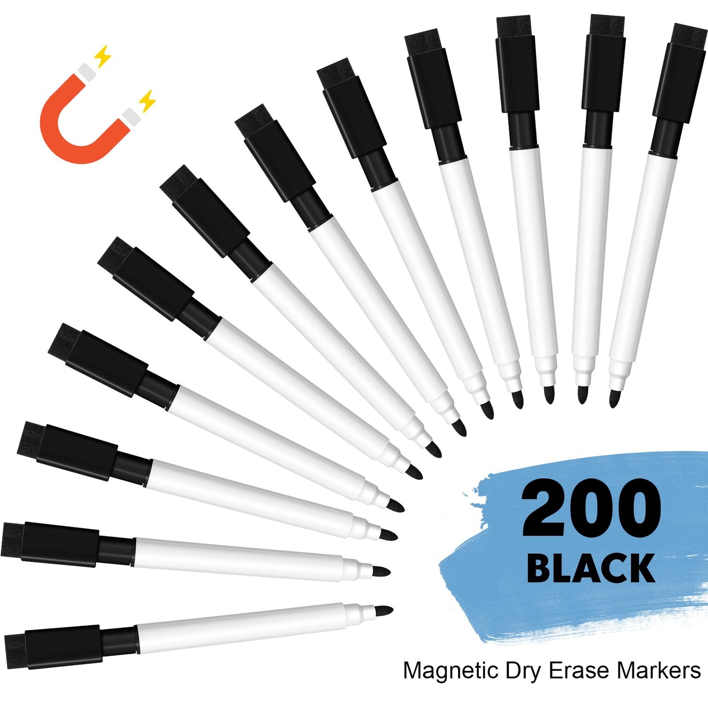 Kosiz 200 Pcs Magnetic Dry Erase Markers Fine Point Tip Whiteboard Markers with Eraser Cap Magnetic Dry Erase Pens Erasable Pens for Whiteboard Dry Boards(Black)