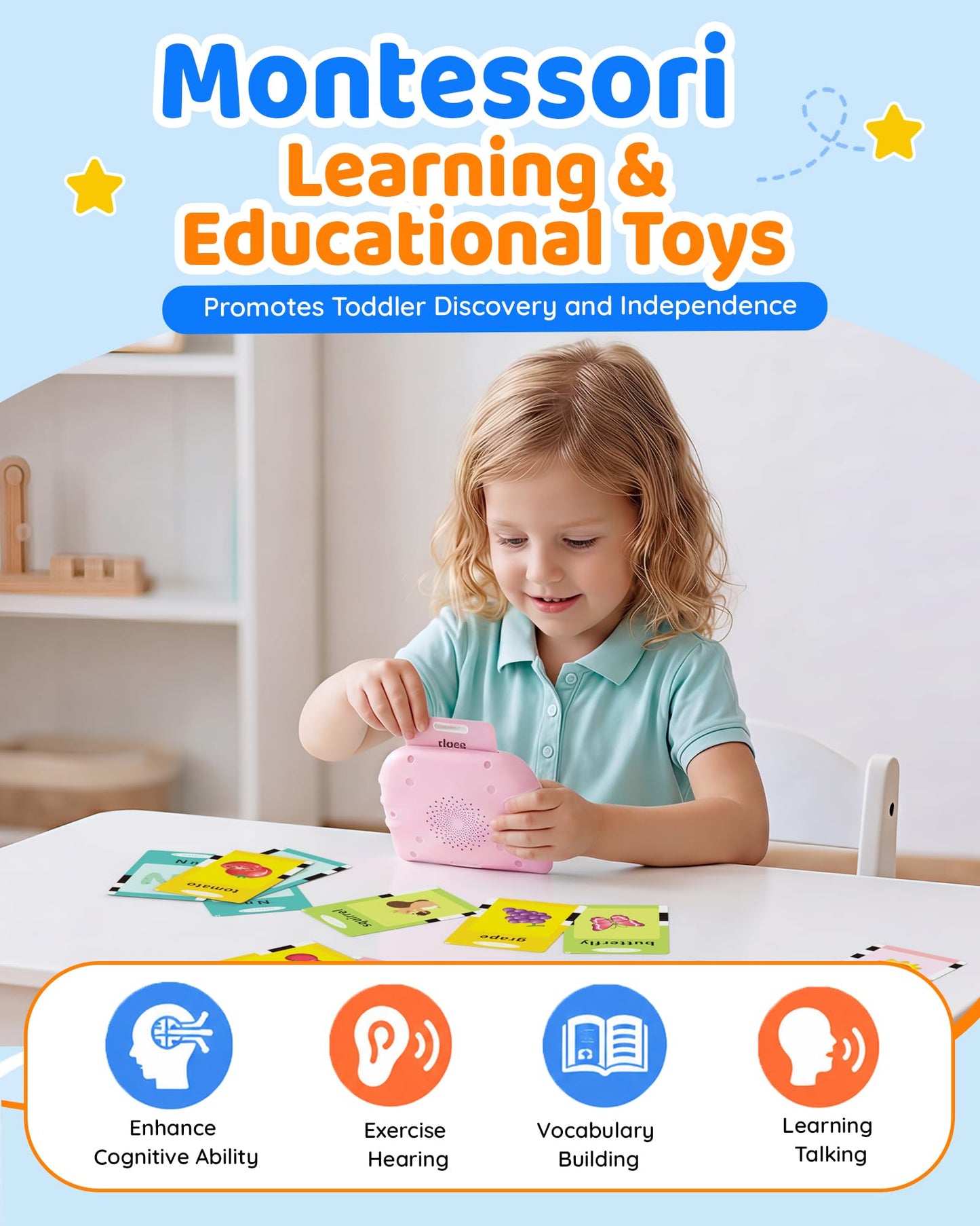 Aullsaty Talking Flash Cards for Toddlers 1-3, Upgraded 248 Sight Words Montessori Speech Therapy Toy, Autism Sensory Educational Learning Toys, Birthday Gifts for Boys Girls (Pink)