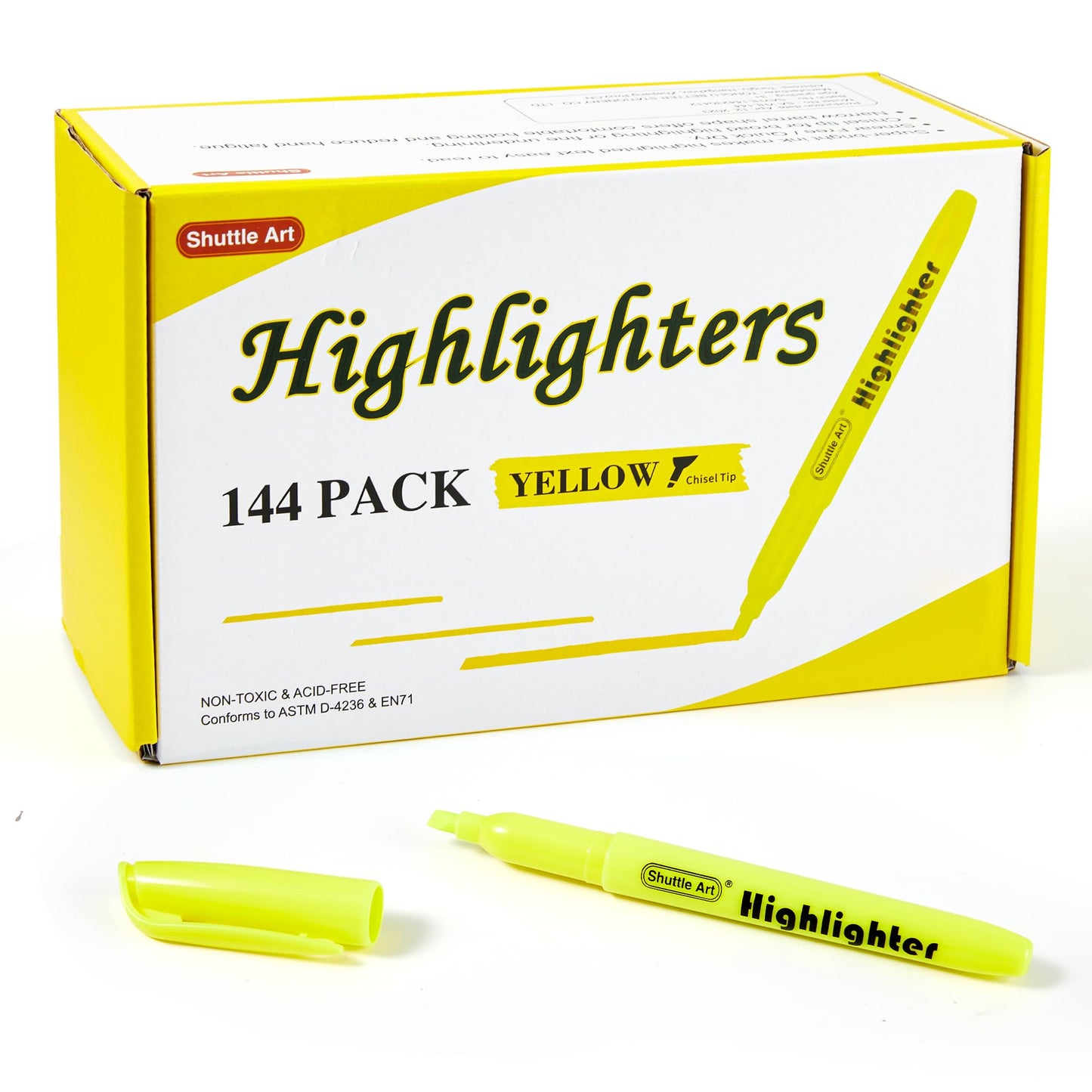 Shuttle Art 144 Pack Highlighters, Yellow Highlighter Pen Bulk with Versatile Chisel Tip Dry-Quickly Non-Toxic Highlighter Markers for Adults Teachers Students Highlighting in Home School Office