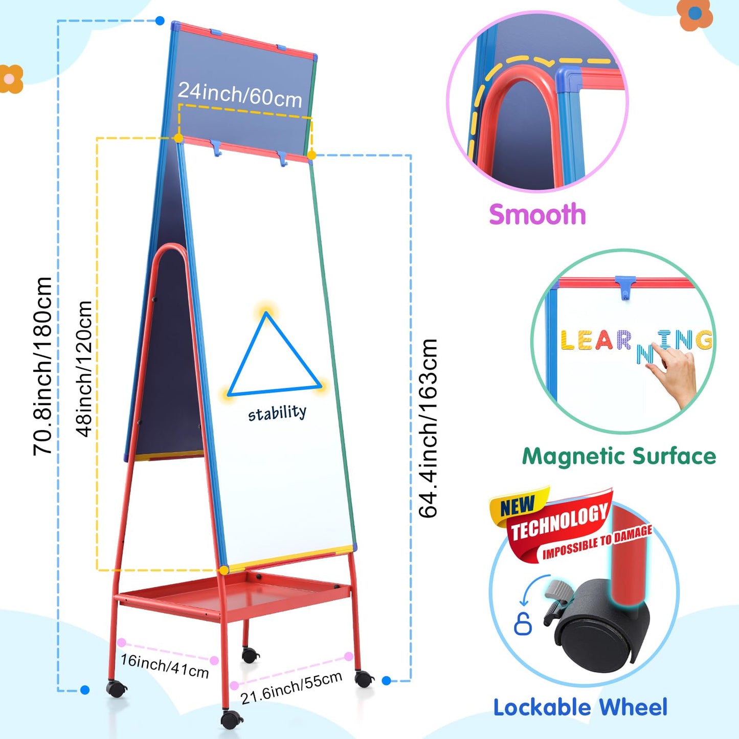 Mobile White Board with Stand - 70.8" H Double Sided Portable Rolling Whiteboard Kids Easel for Classroom,Height Adjustable Magnetic Dry Erase Board on Wheels for Home,School,48x24 inches