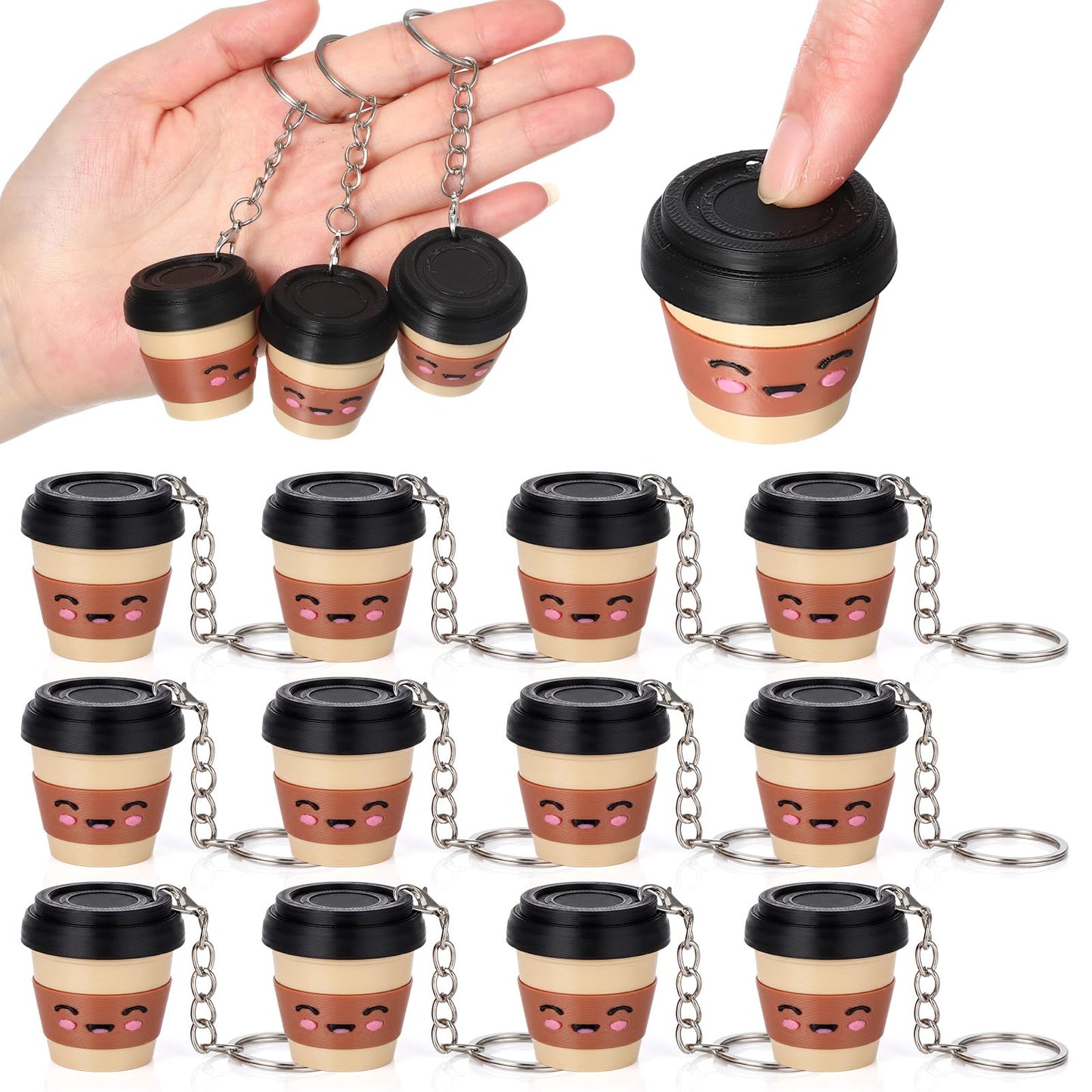 Kenning 12 Pcs Coffee Cup Clicker Fidget Keychain, 3D Printed Sensory Clicker Fidget Stress Relief Coffee Lover Gifts for Women, Coworkers, Office, Graduation Party Favors