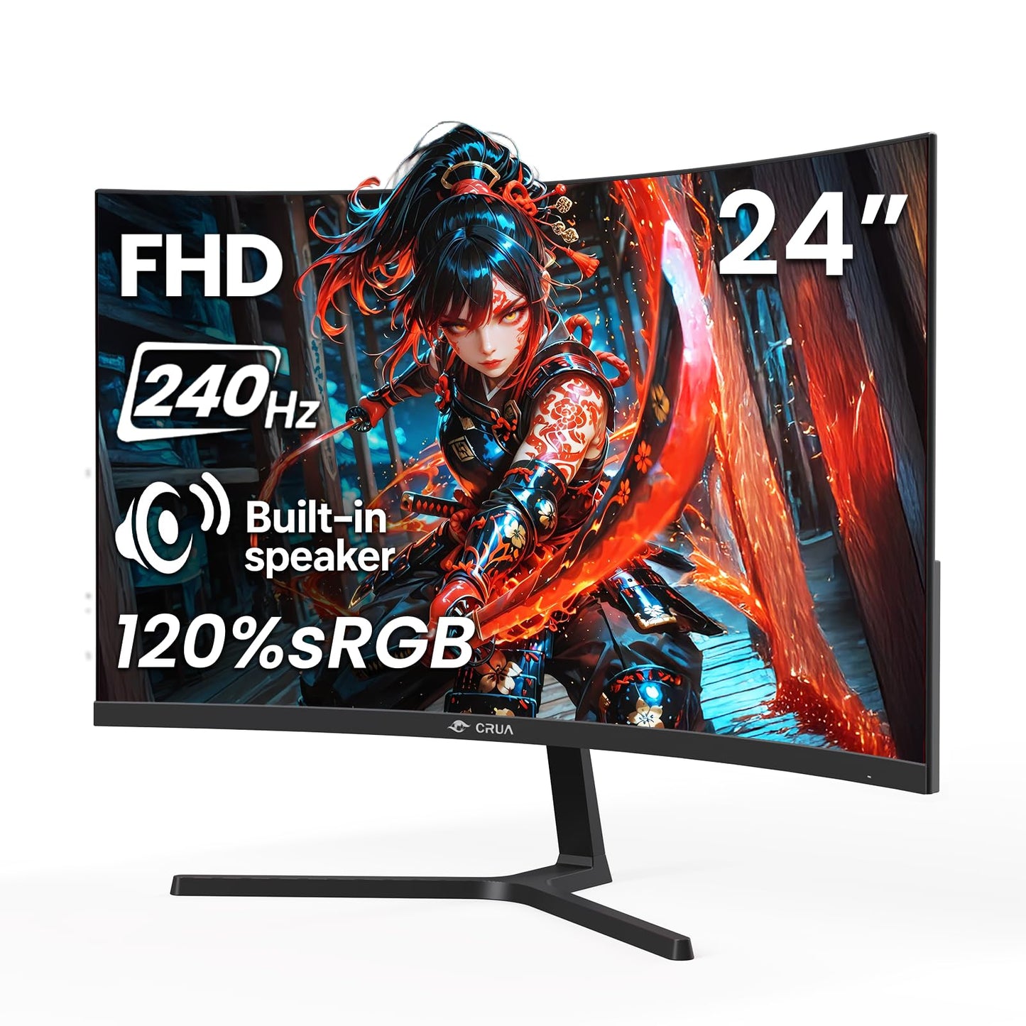 CRUA 24” 240Hz Gaming Monitor, Curved FHD 1920 x 1080P, Built-in Speakers, Support 120% sRGB, AMD FreeSync, Low Motion Blur, Wall Mount Installs Compatible, for Office and Games(HDMI 2.0&DP 1.4)–Black