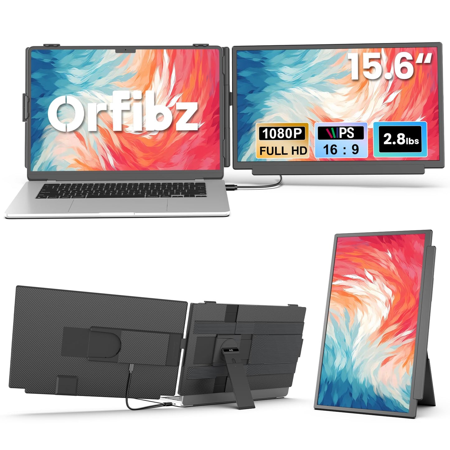 Orfibz 15.6" Laptop Screen Extender, 1080P FHD Detachable Laptop Monitor Extender, One Cable Plug & Play Portable Travel Monitor for 14"-17.3" Laptop Compatible with Wins/Mac/Chrome/Android