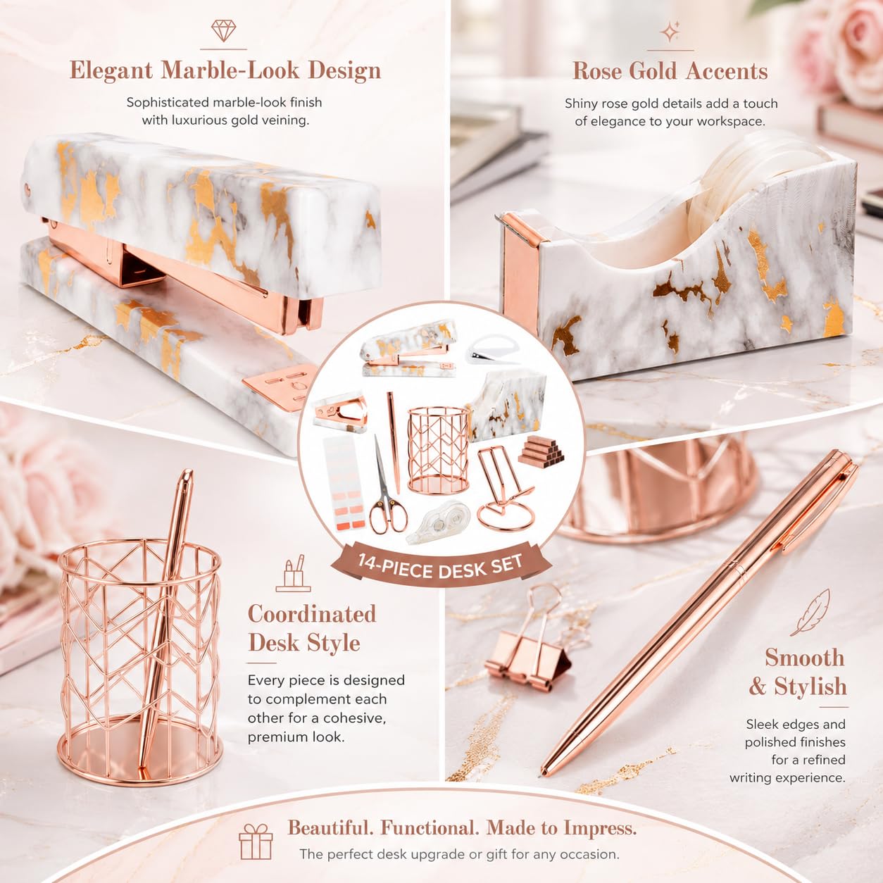 Office Desk Accessories Supplies - 14 Pcs Women Rose Gold Marble Desk Decor Set, Cute Aesthetic Office Essentials Kit, Stapler Tape Dispenser Pen Organizer, Acrylic Mini Teacher Stuff for School Home