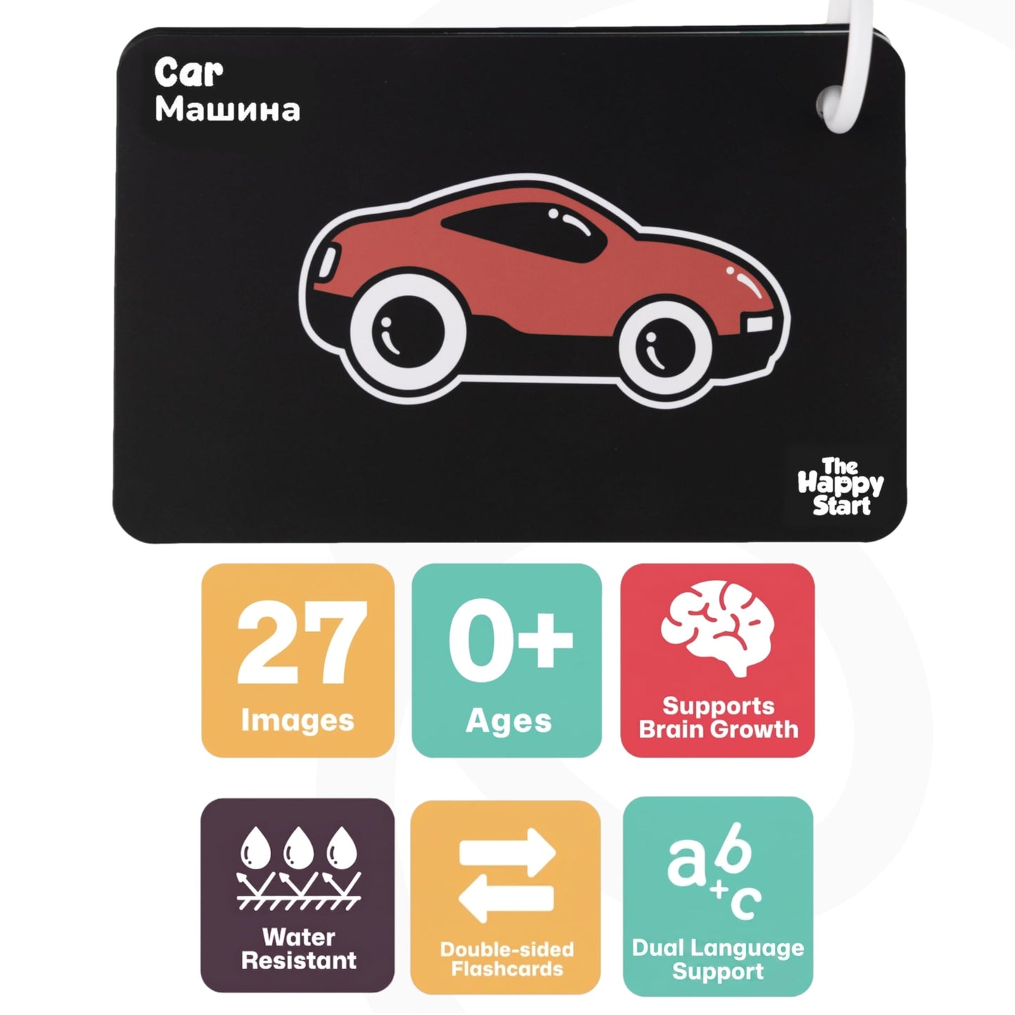 Happy Start High Contrast Baby Cards for Newborns - Black & White Cards, Water-Resistant, BPA-Free, Portable Educational Flashcards for Visual Stimulation, Award-Winning, Ages 0+ (English & Russian)