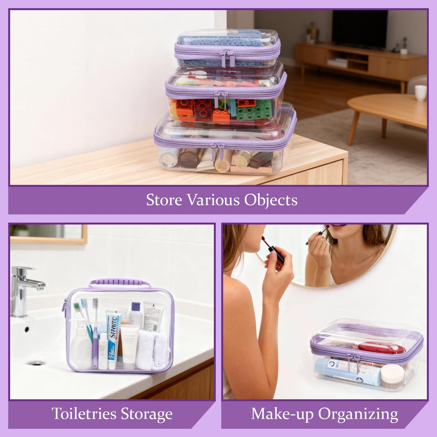 JeeVoya 3 PCS Clear Zipper Pouches with Handle, Diaper Bag Organizer, Clear Makeup Bags Hardshell Toy Storage Bins with Zipper Toiletry Pouch Bag for Cosmetics Pencils Puzzles, Building Blocks(Purple)