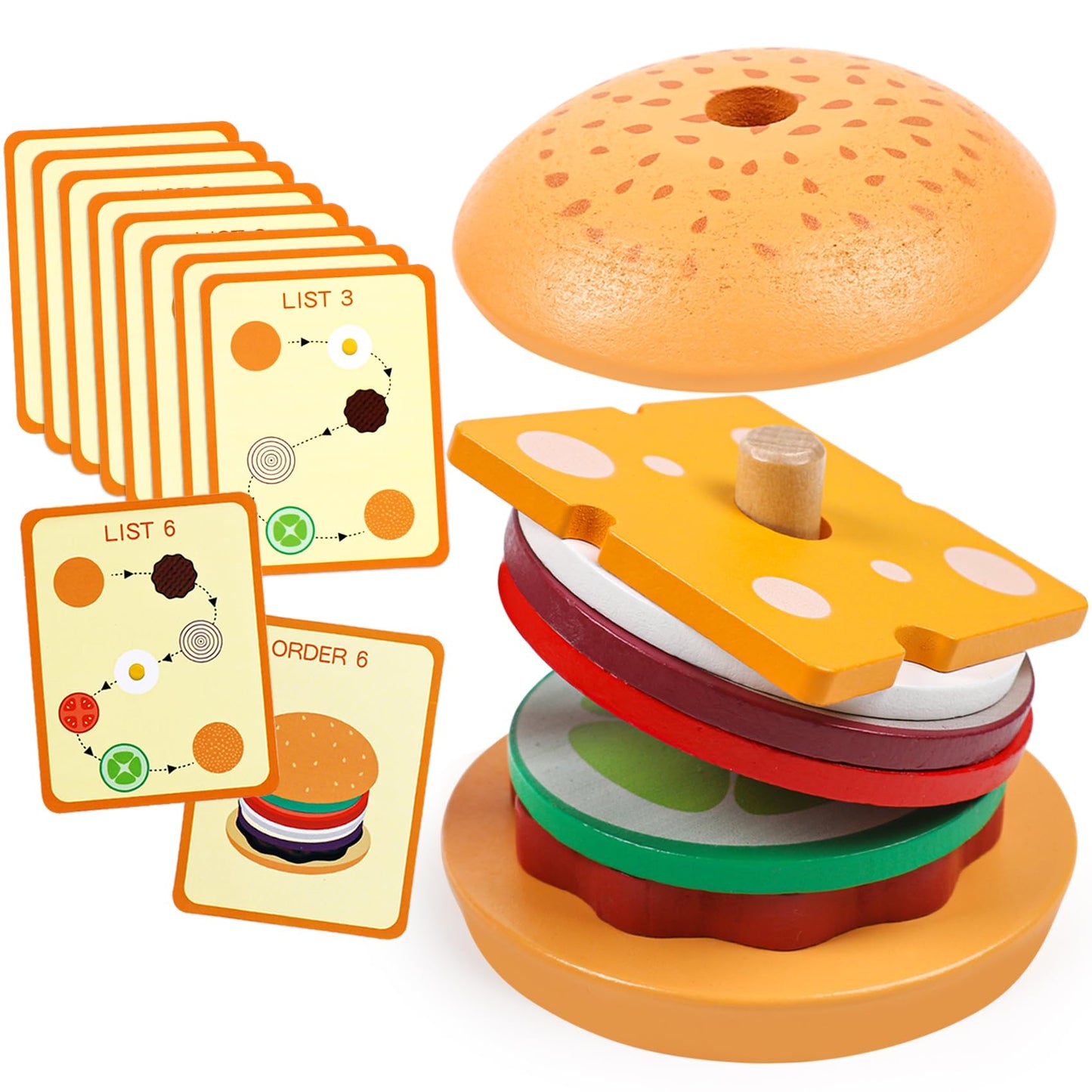 Kizh Wooden Burger Sorting Stacking Toy for Toddlers - Preschool Montessori Educational Fine Motor Toys for Kids Boys Girls