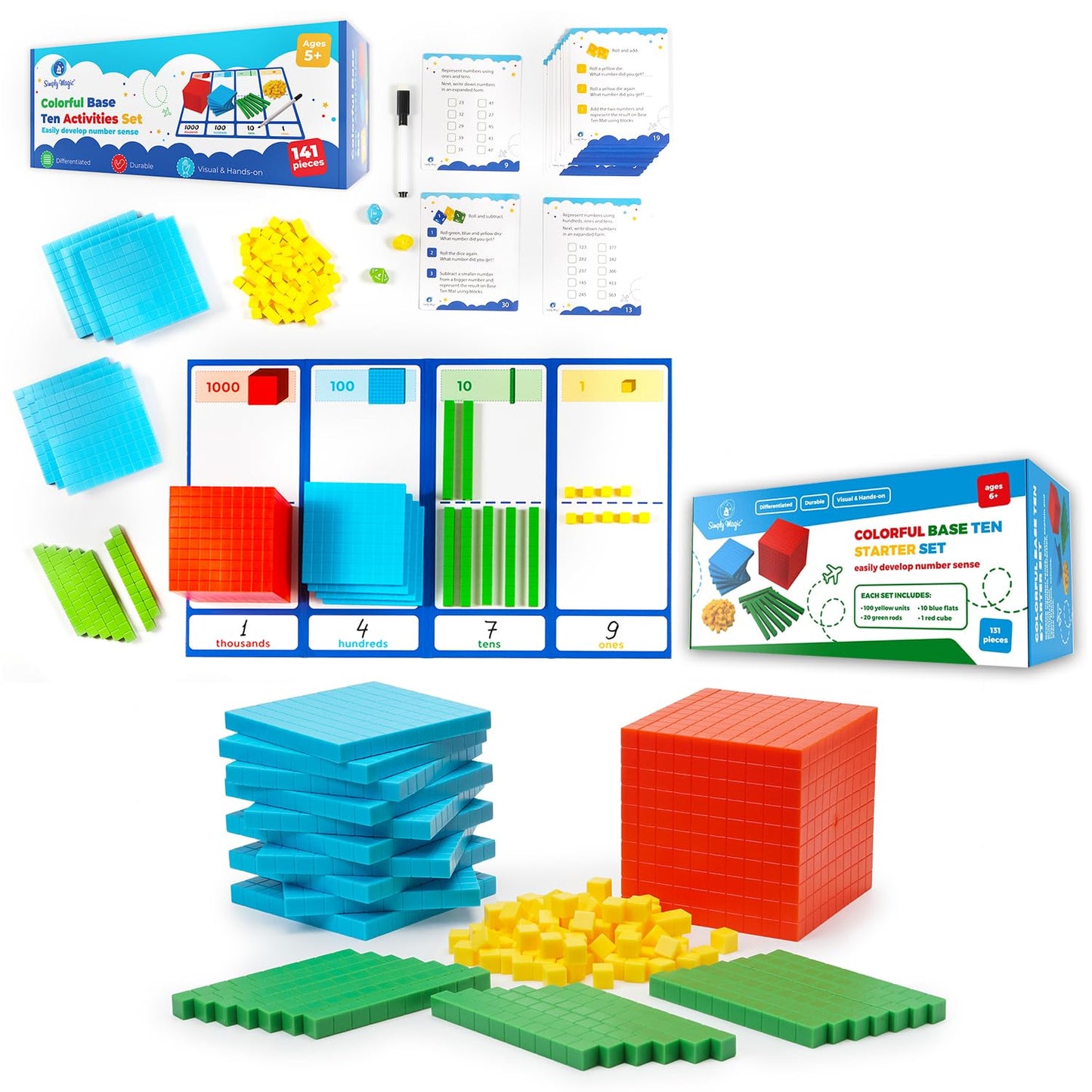 Simply magic 140+1 PCS Colorful Base Ten Blocks & Activities Set & 131 PCS Base Ten Blocks for Math
