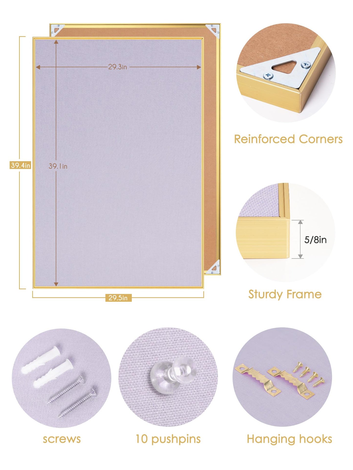 Lightomorrow Bulletin Board 40 x 30 inches, Light Lavender Pin Board, Golden Aluminum Framed Fabric Cork Board with 10 Push Pins