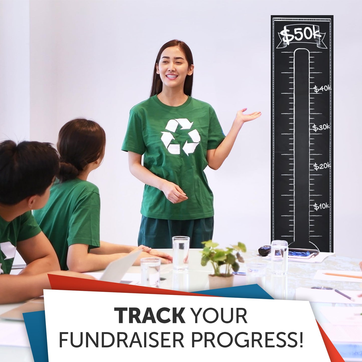 Fundraising Goal Thermometer Chart - 11" x 48", Reusable, Dry Erase Goal Tracker - Great for Schools, Churches, Offices & Charities