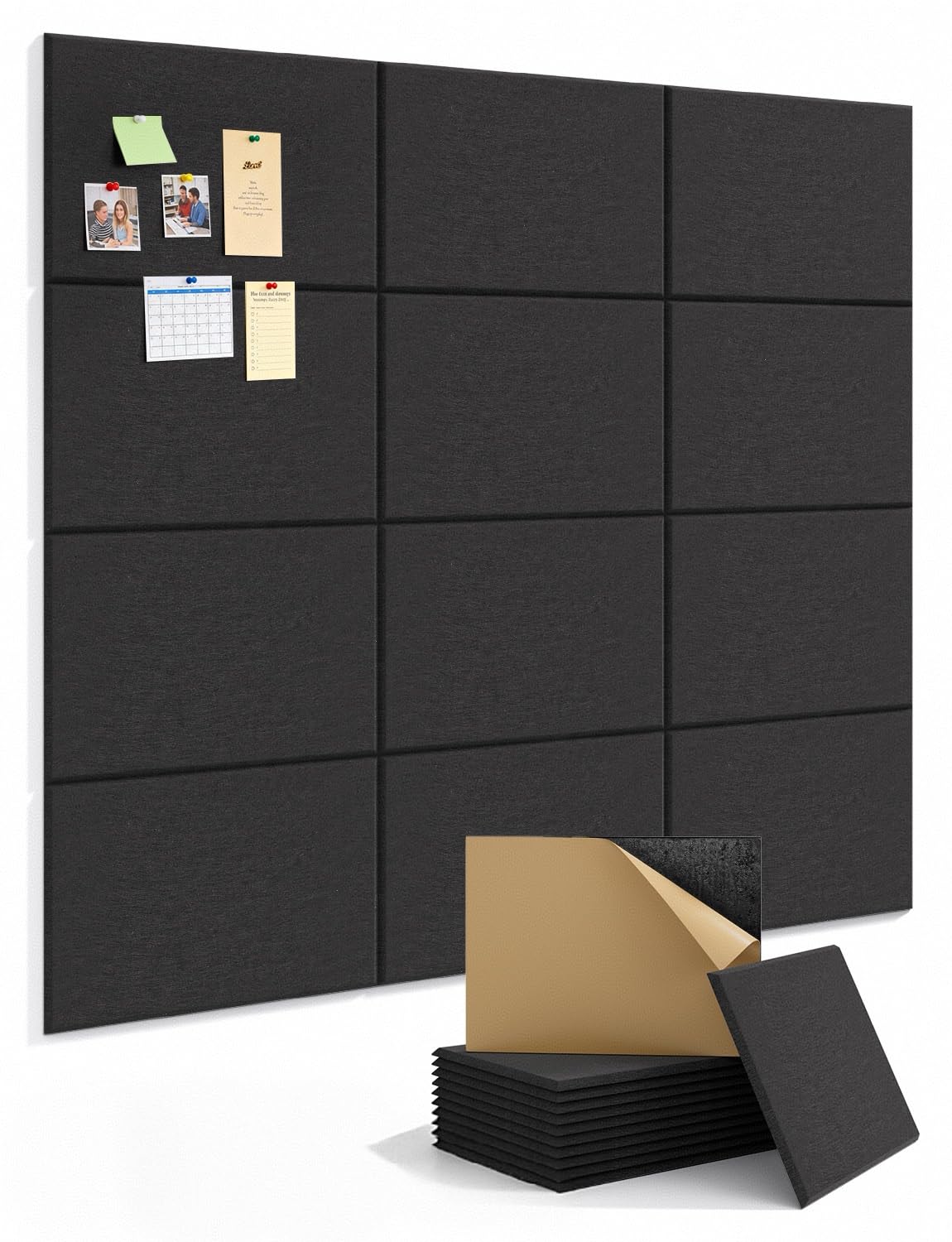 Kuchoow Large Felt Bulletin Cork Board Self-Adhesive Black Pin Wall Tiles, 48'' x 36'' Rectangular Vision Tack Panels for Classroom Office Display 12 Pack Corkboard for Kitchen Bedroom Home Decor