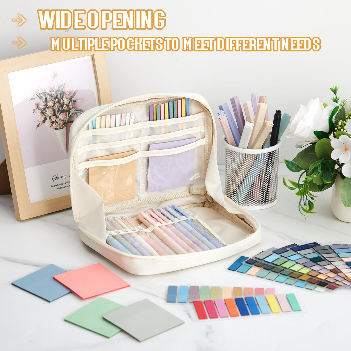 Trandraft 135 Pcs Book Annotation Kit Aesthetic Pencil Case Bag 12 Highlighter 11 Gel Pen 1 Marker 300 Sheet Transparent Sticky Notes Pad 2640 Index Stickers Bible Study Supplies(Kawaii,Beige)
