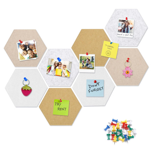 8 Packs White Grey Camel Hexagon Felt Pin Board, 12" Bulletin Board with 30 Push Pins, Felt Board for Home Kitchen Office Decor, Self-Adhesive Corkboard Tiles for Walls Message Photos Memos Display